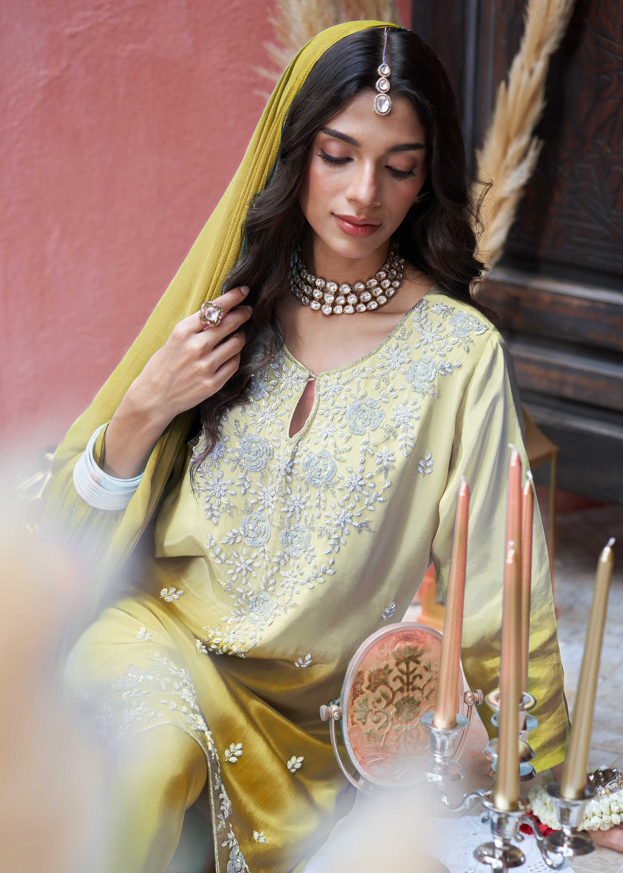 Olive Yellow Ombre Embellished Crepe Silk Palazzo Set