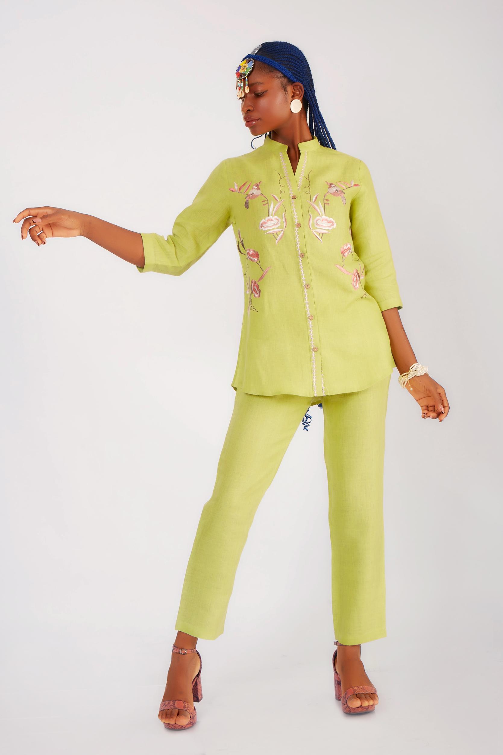 Pear Green Embroidered Pure Linen Co-Ord Set