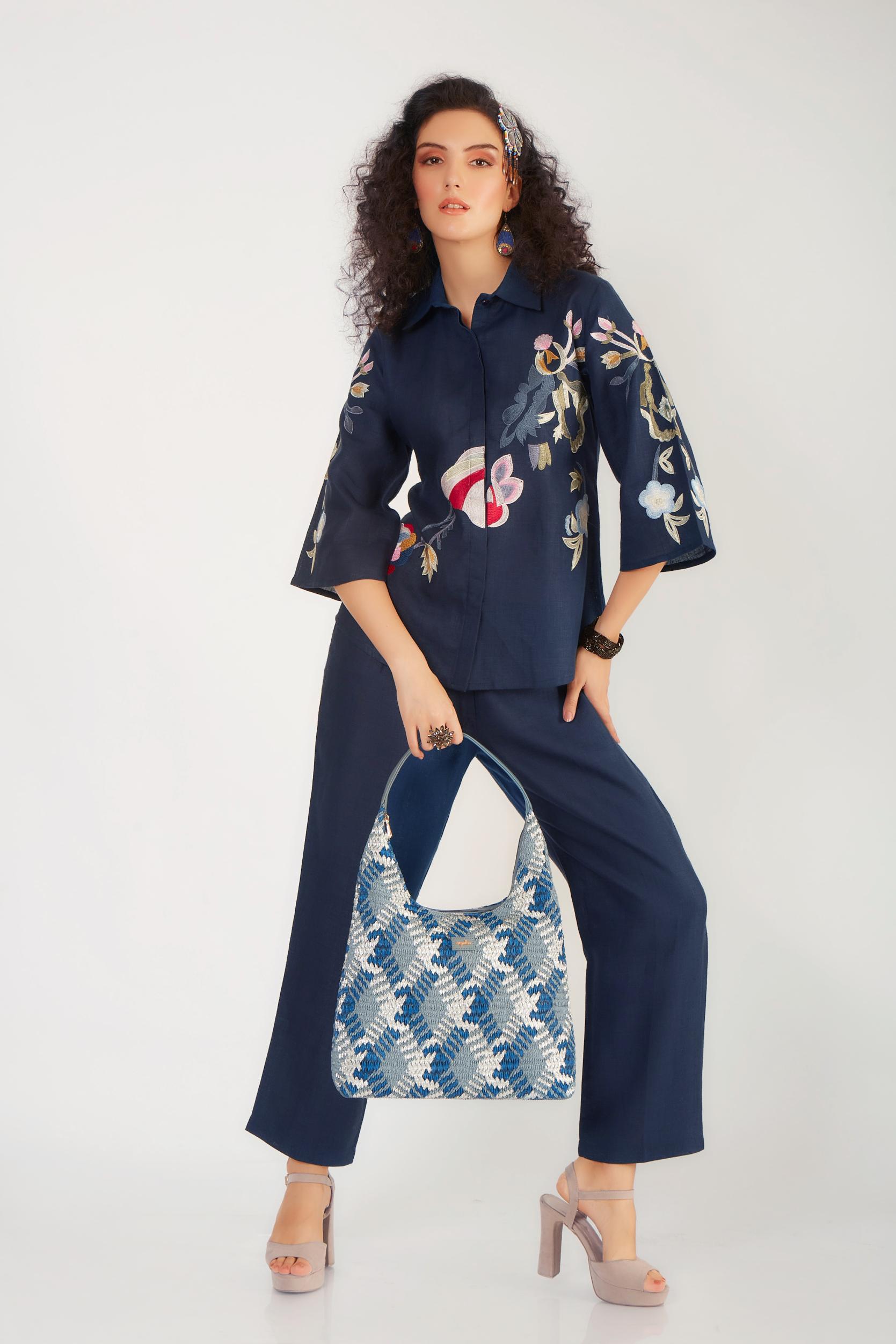 Deep Blue Embroidered Pure Linen Co-Ord Set