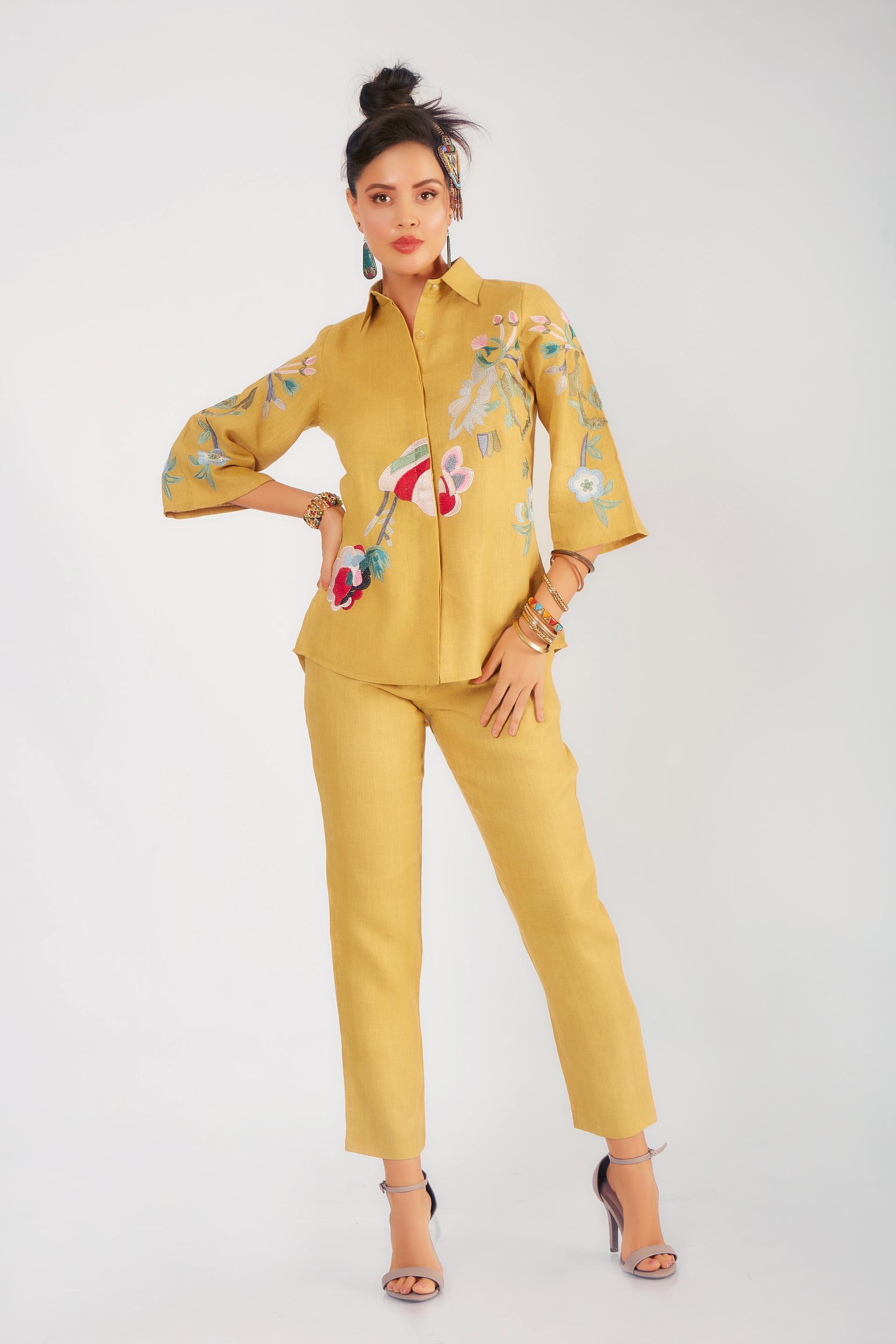 Mustard Yellow Embroidered Belgium Linen Co-Ord Set