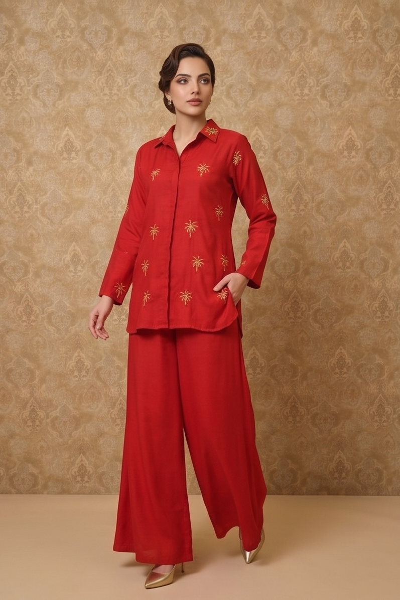 Rust Red Embellished Crepe Silk Co-Ord Set
