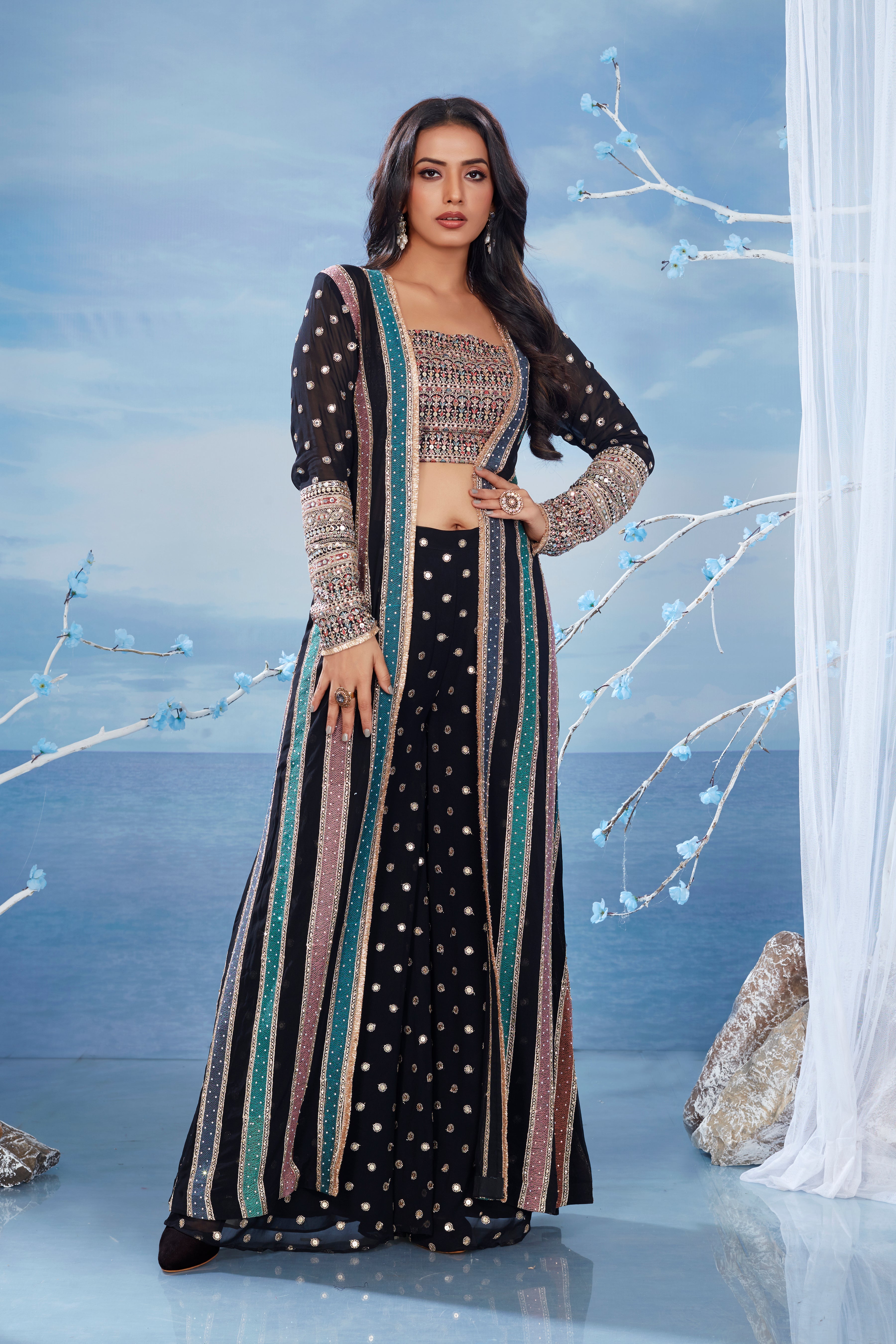 Black Embellished Georgette Silk Cape Set