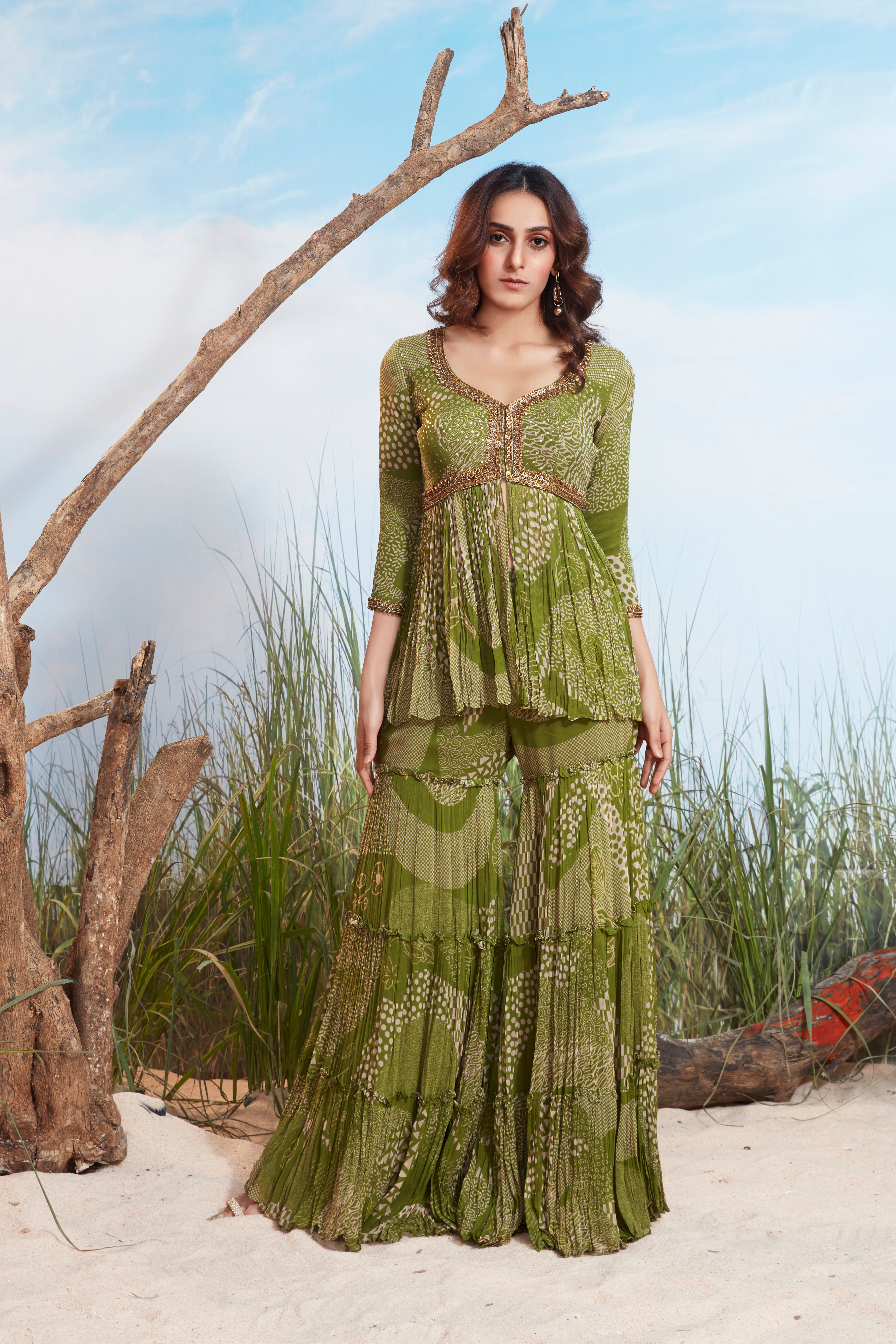 Olive Green Embellished Georgette Silk Sharara Set