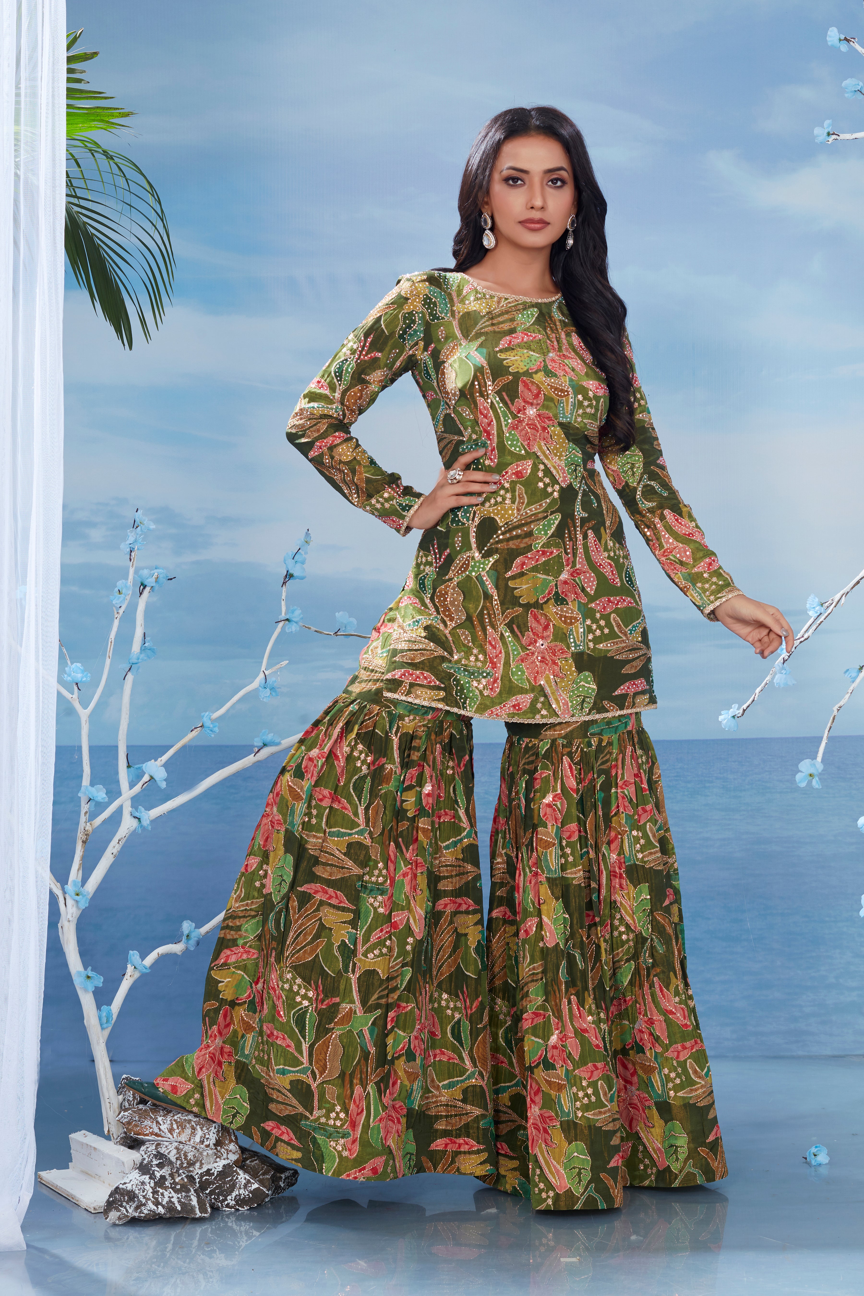 Olive Green Floral Printed Habutai Silk Sharara Set