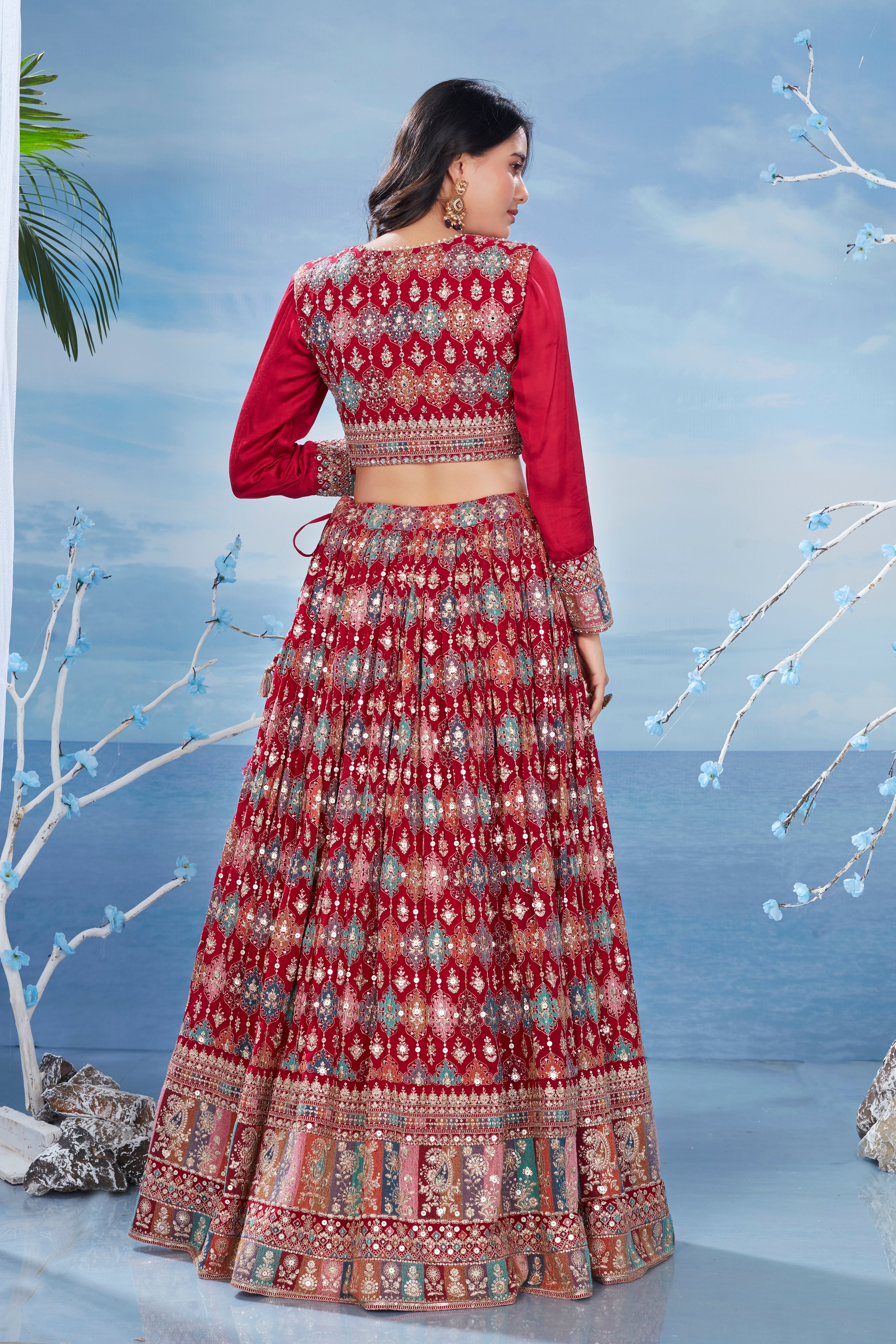 Festive Red Heavy Embellished Italian Silk Skirt Set