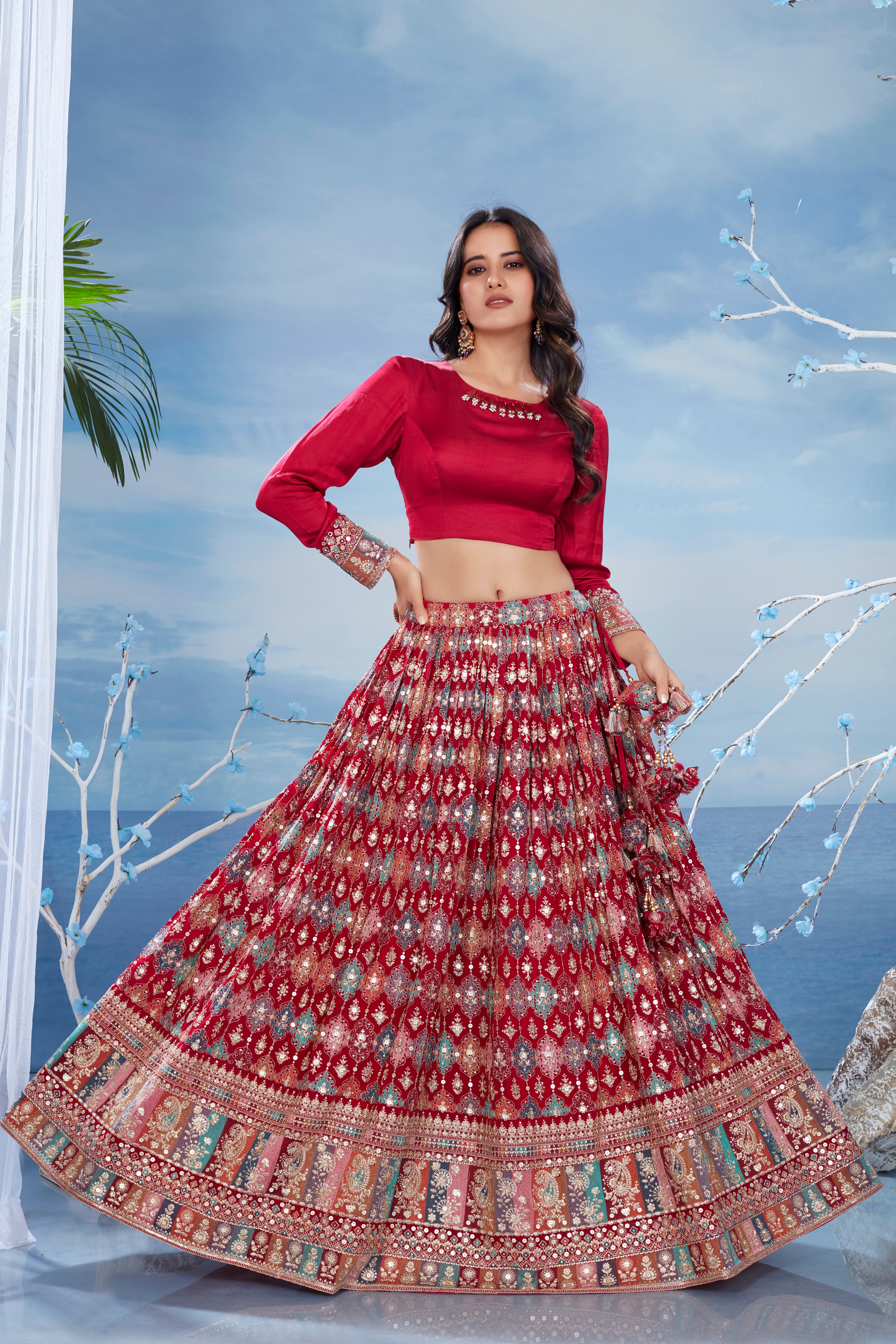 Festive Red Heavy Embellished Italian Silk Skirt Set