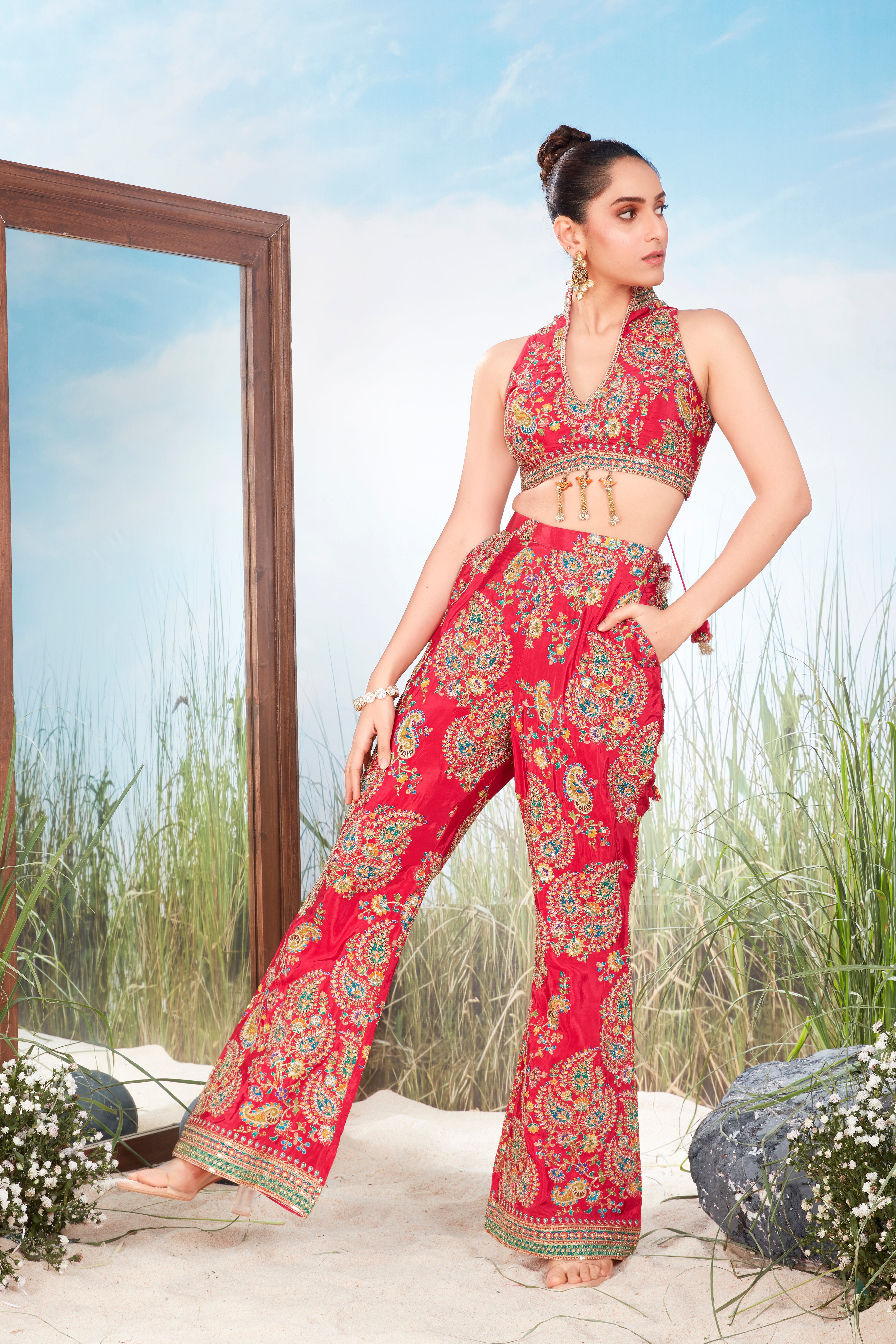 Classic Red Printed Crepe Silk Co-Ord Set