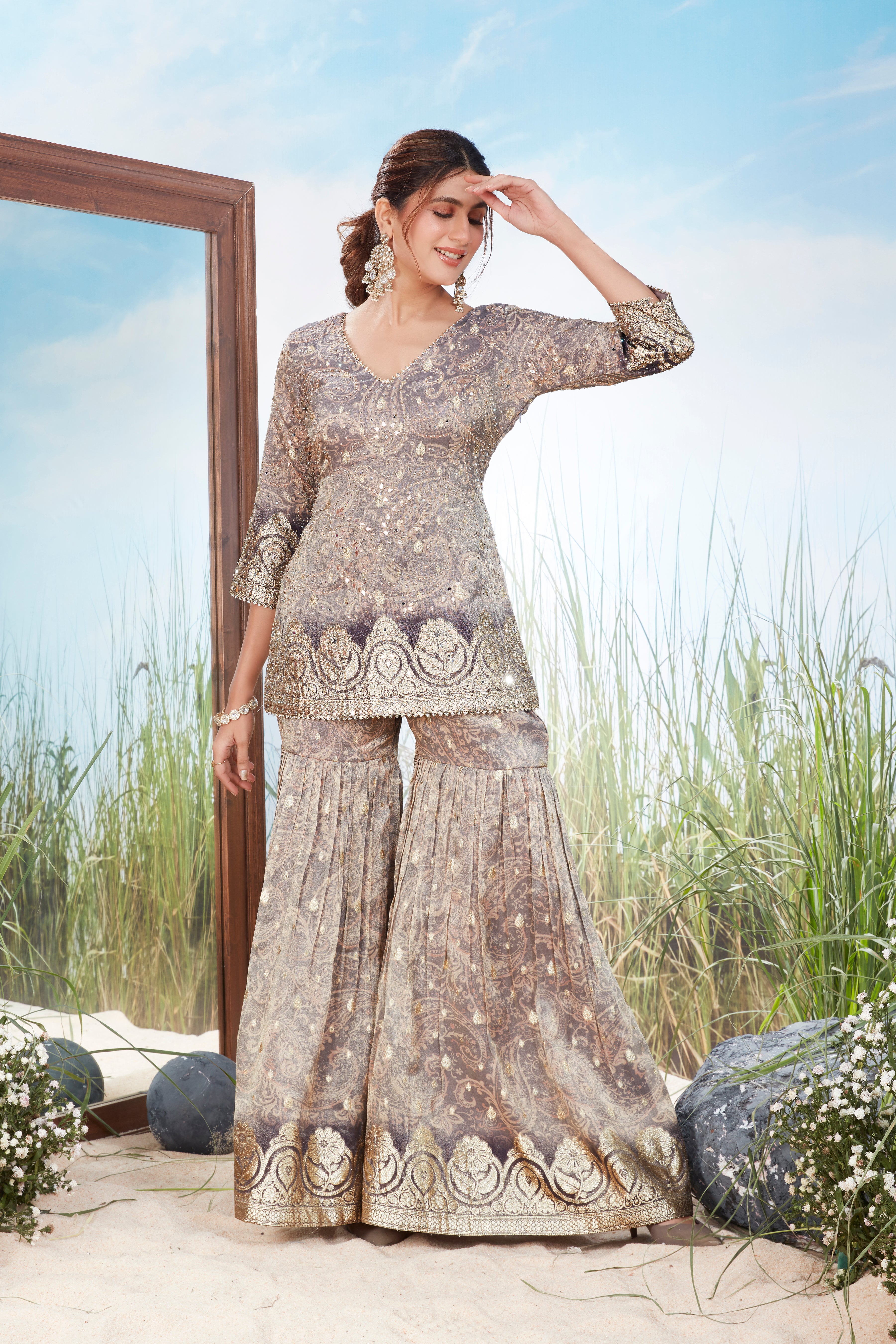 Silver-Grey Embellished Shimmer Tissue Silk Sharara Set