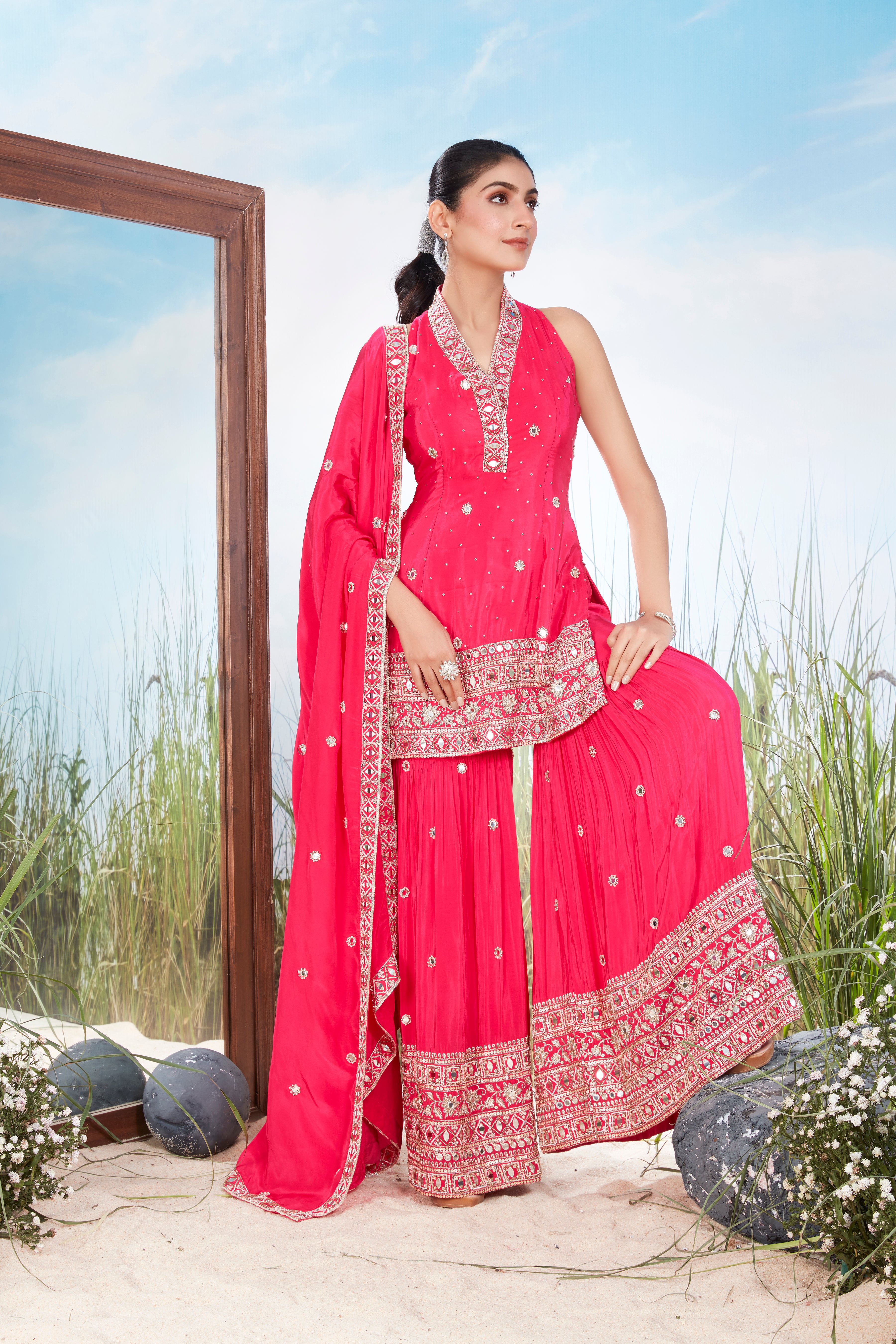 Vibrant Pink Embellished Crepe Silk Sharara Set