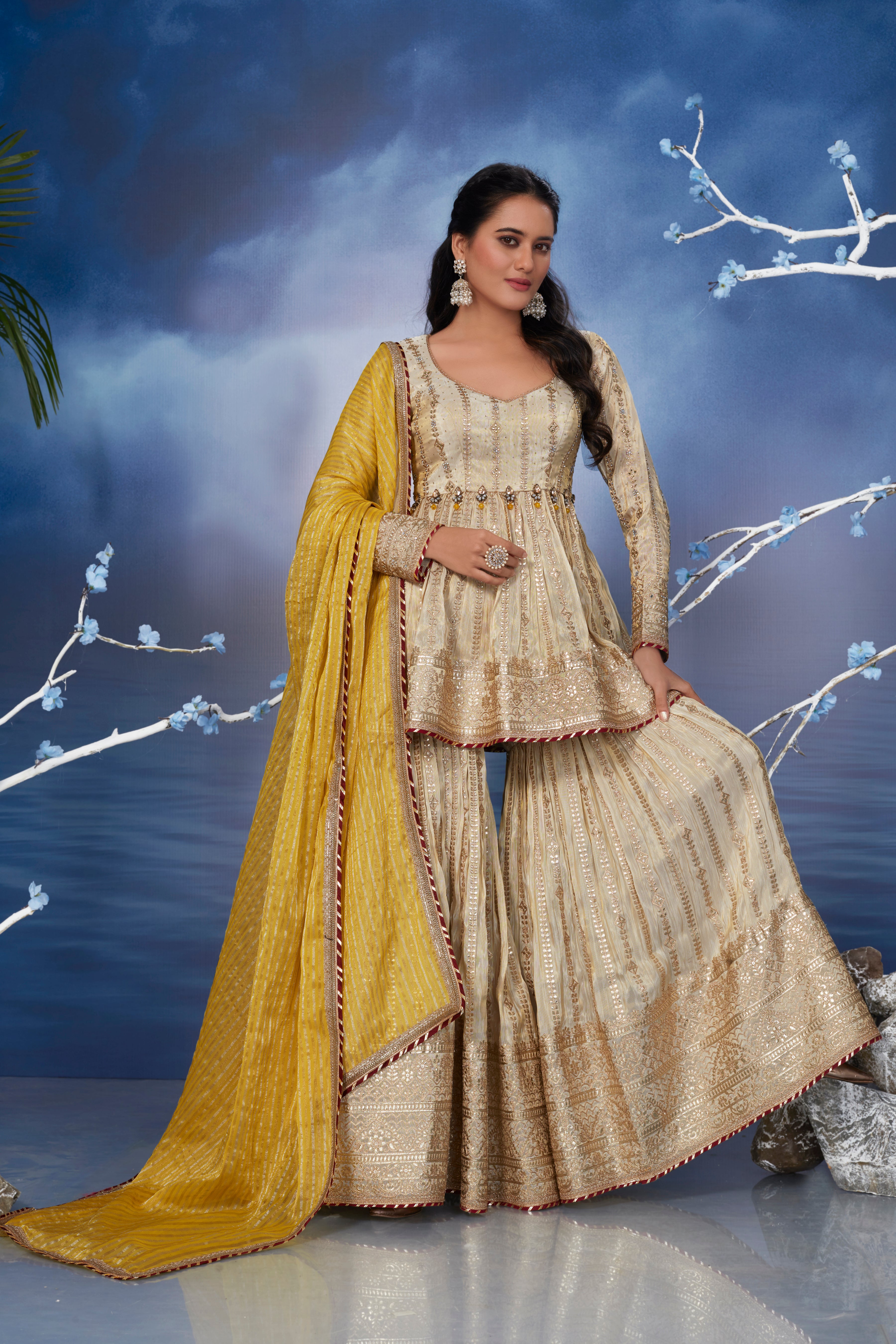 Golden Beige Embellished Italian Silk Sharara Set