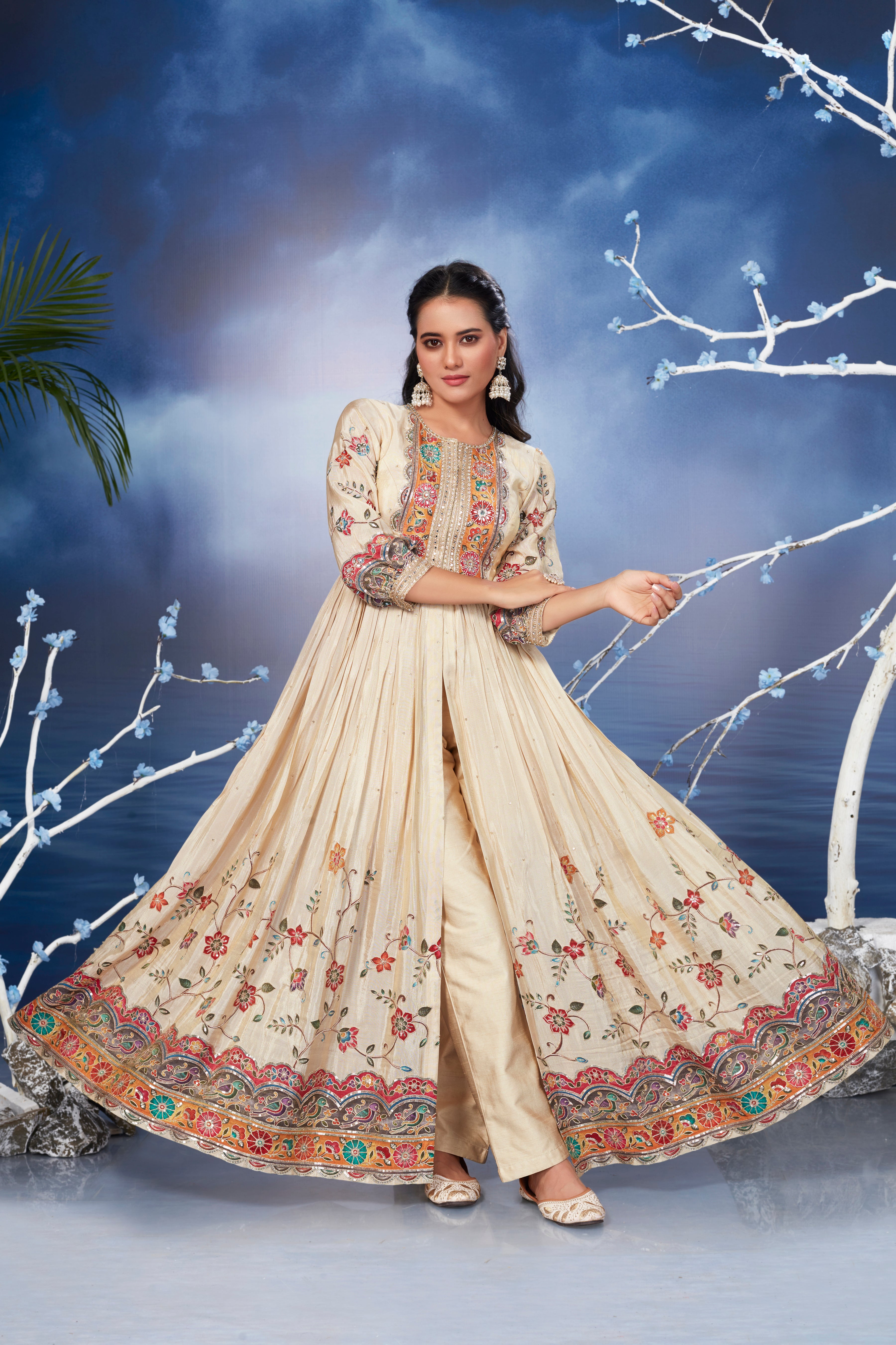 Floral Cream Embroidered Spanish Silk Anarkali Set