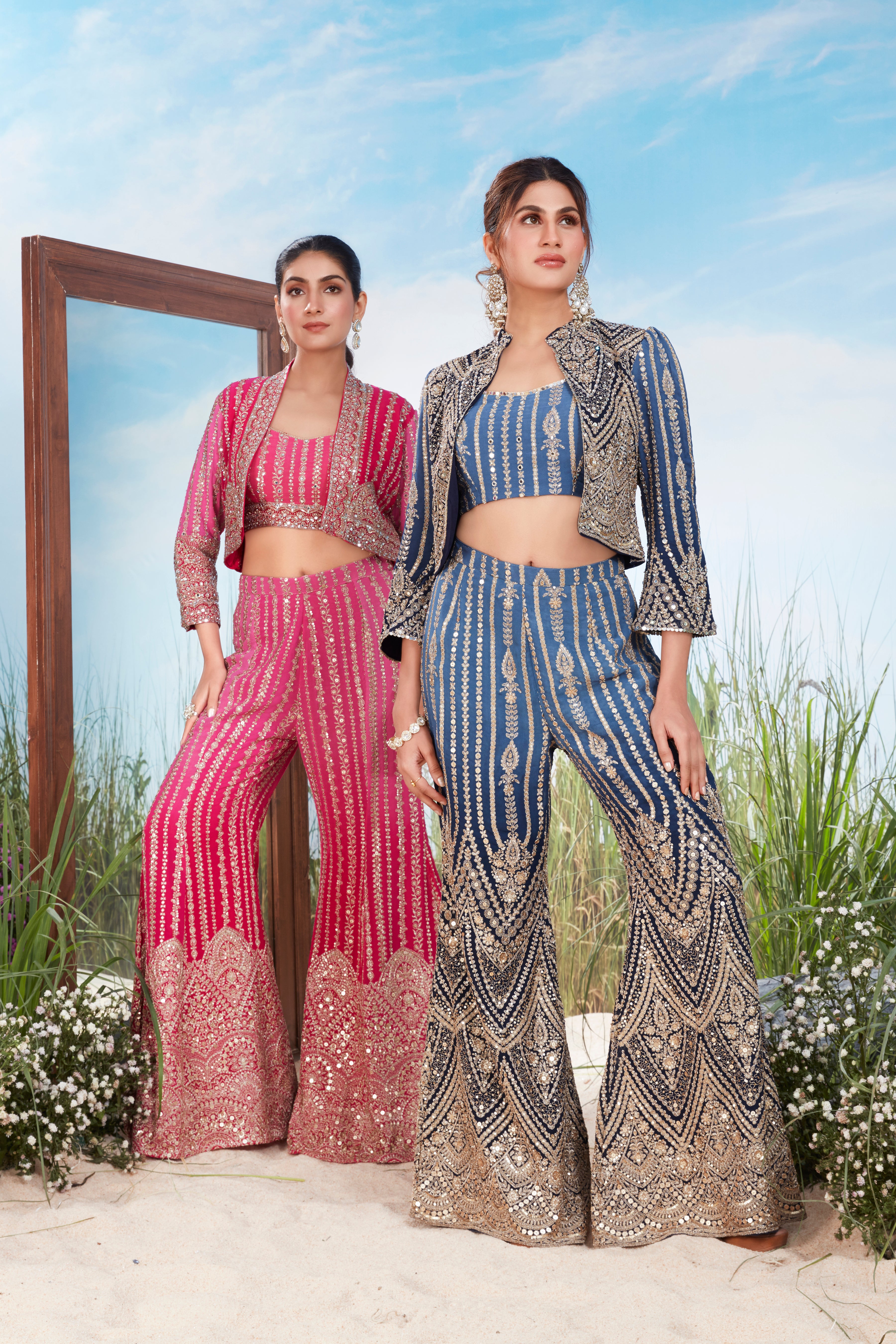 Rich Blue Embellished Georgette Silk Jacket Set