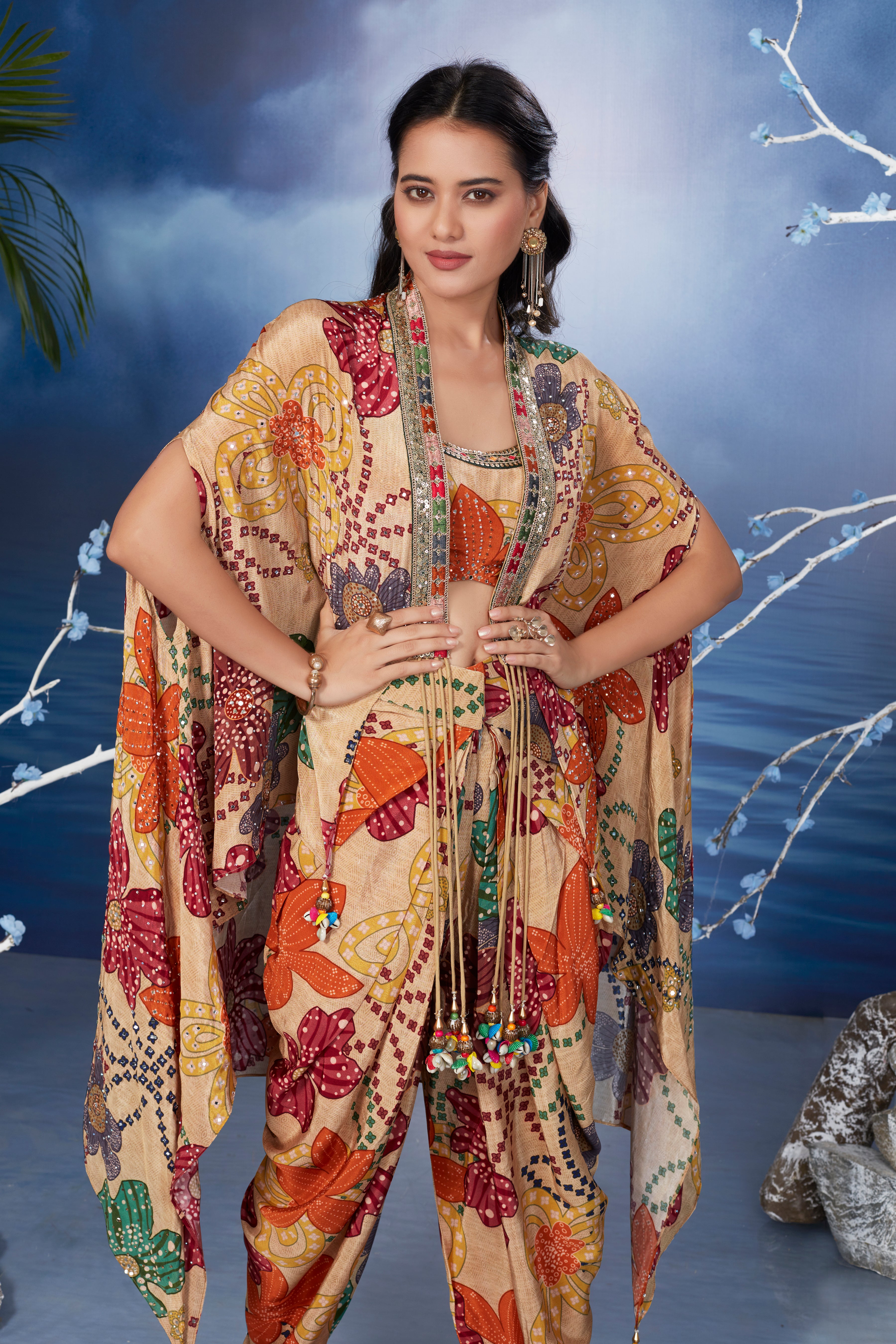 Floral Beige Printed Spanish Silk Cape Set