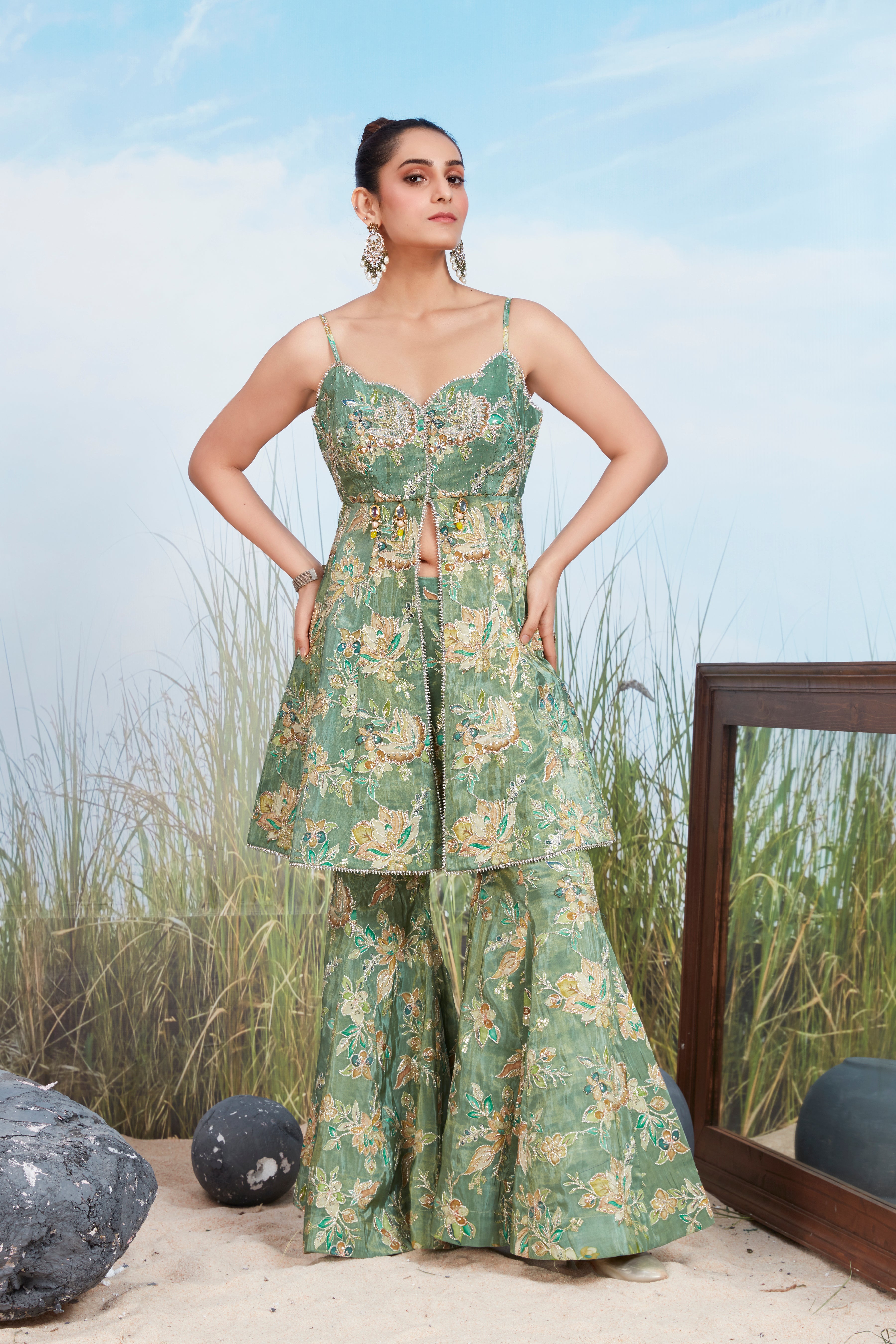 Sage Green Embellished Shimmer Tissue Silk Palazzo Set