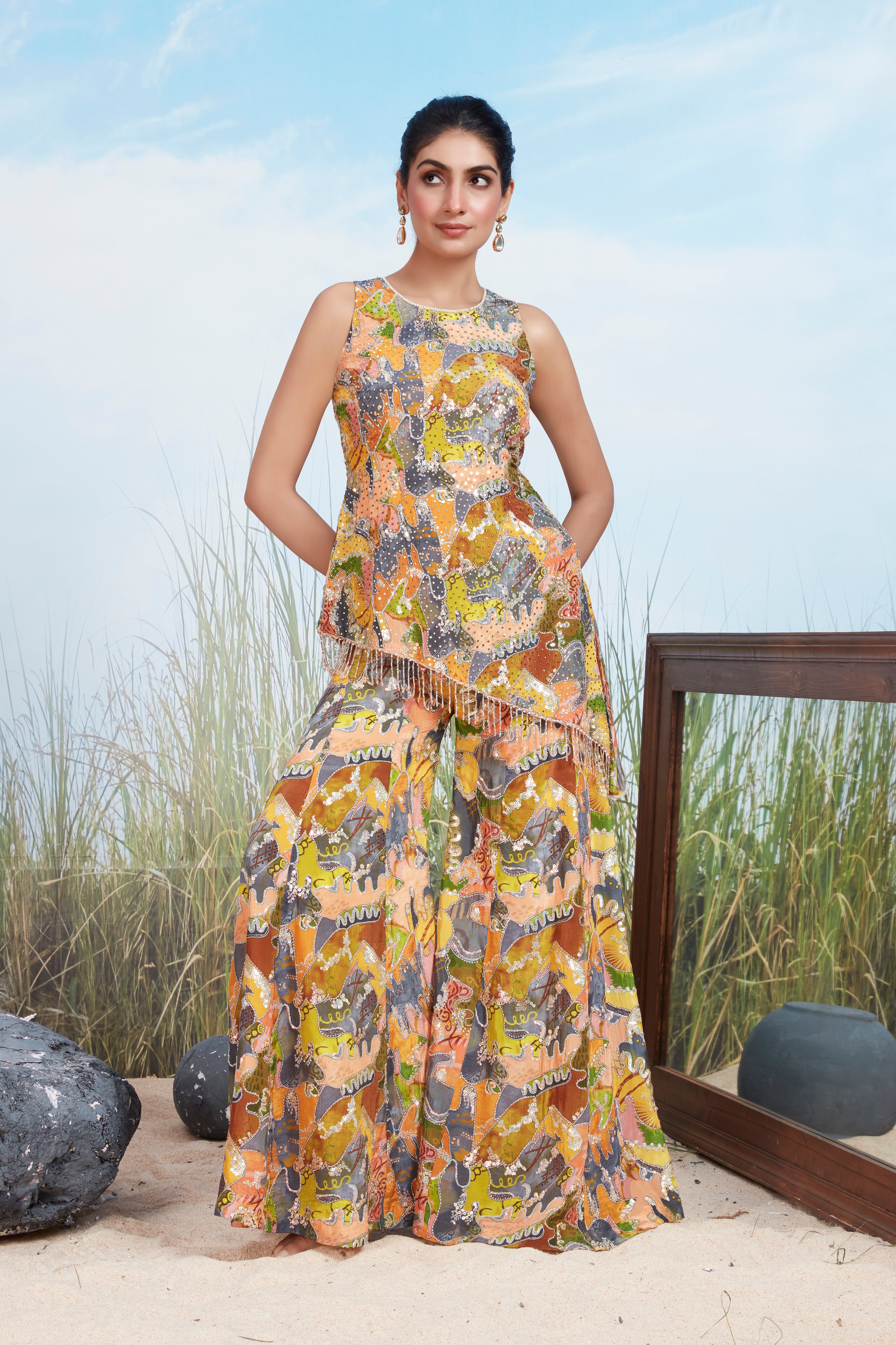 Artistic Multi-Print Muslin Silk Co-Ord Set