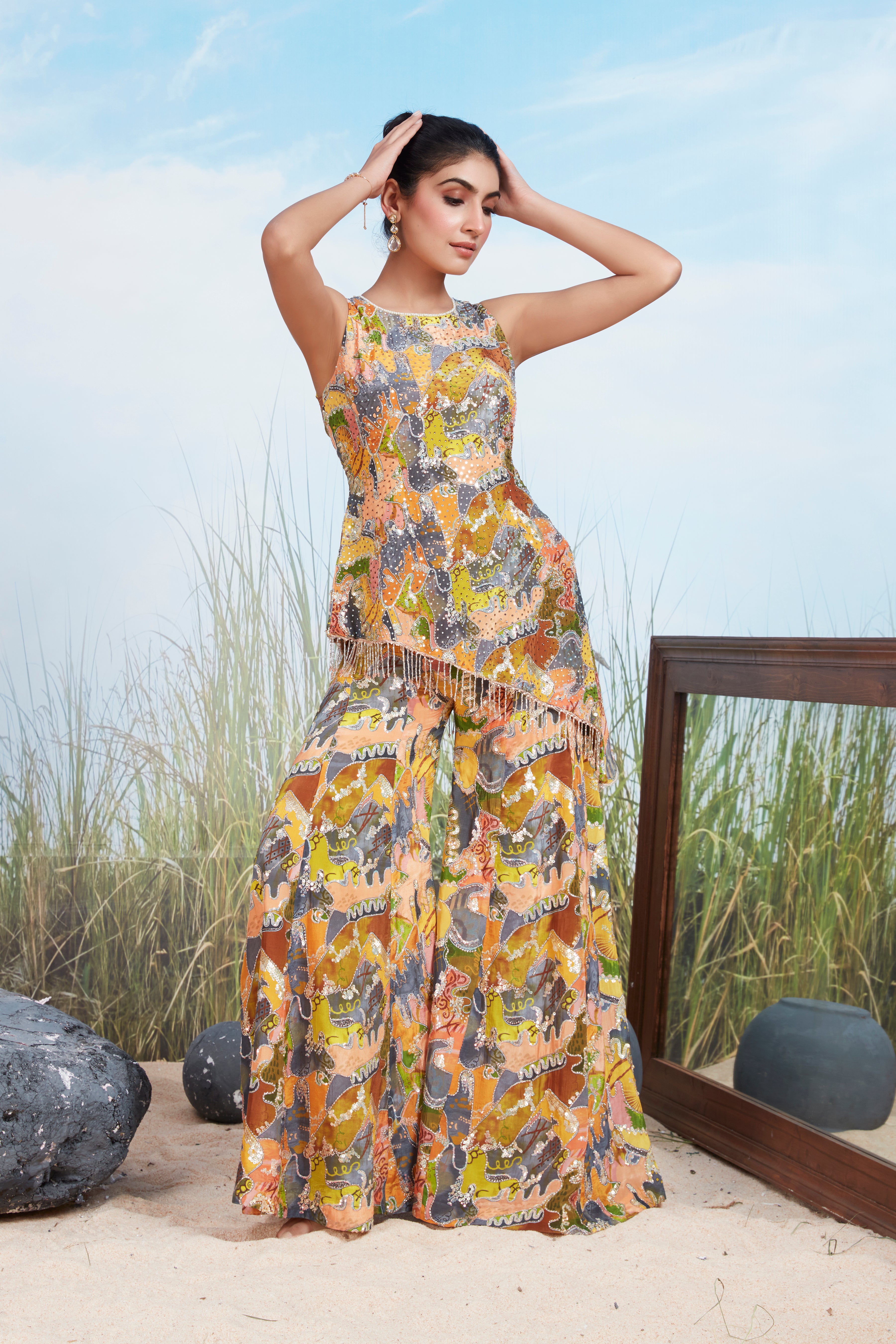 Artistic Multi-Print Muslin Silk Co-Ord Set