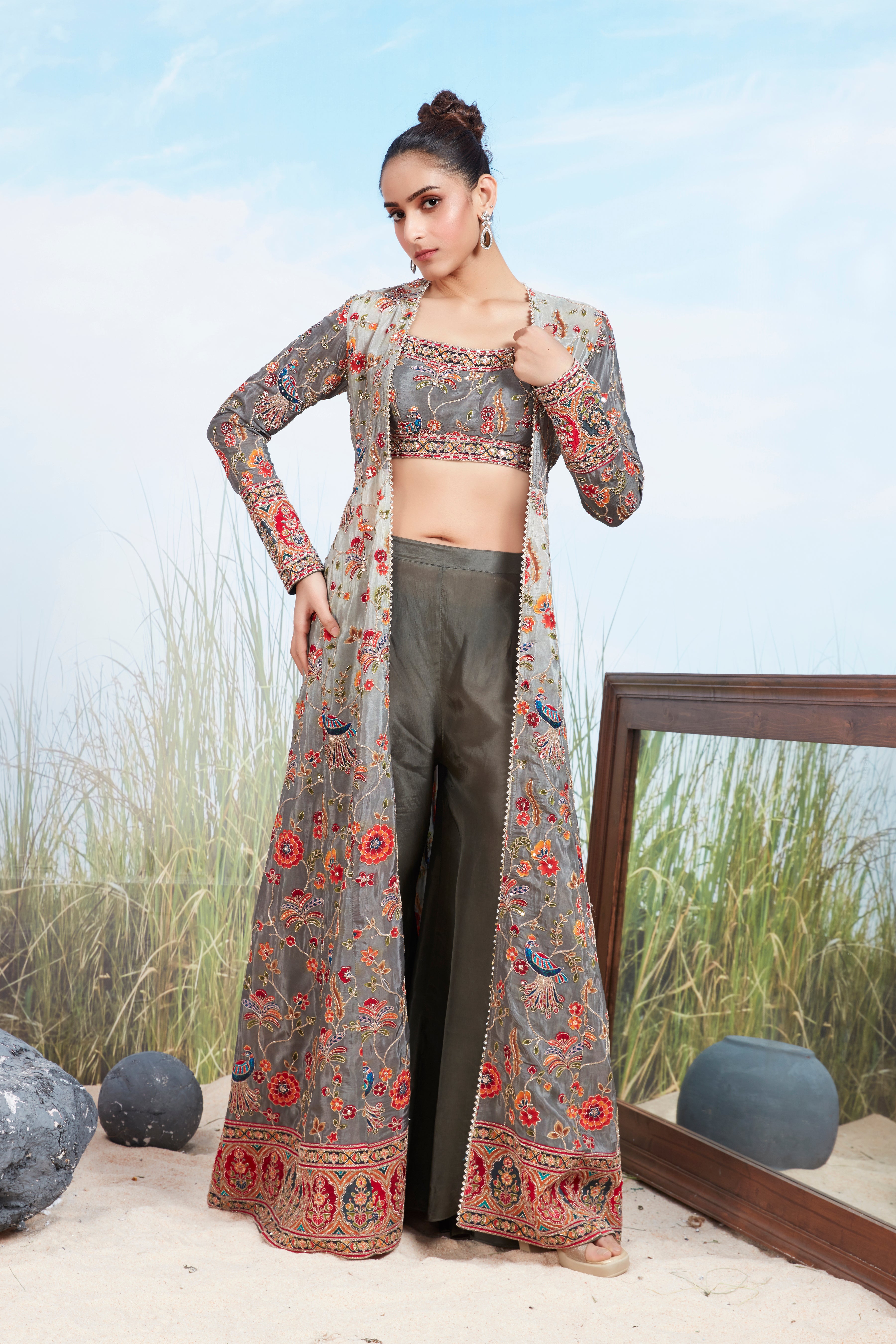 Dusty Grey Embellished Shimmer Tissue Silk Cape Set