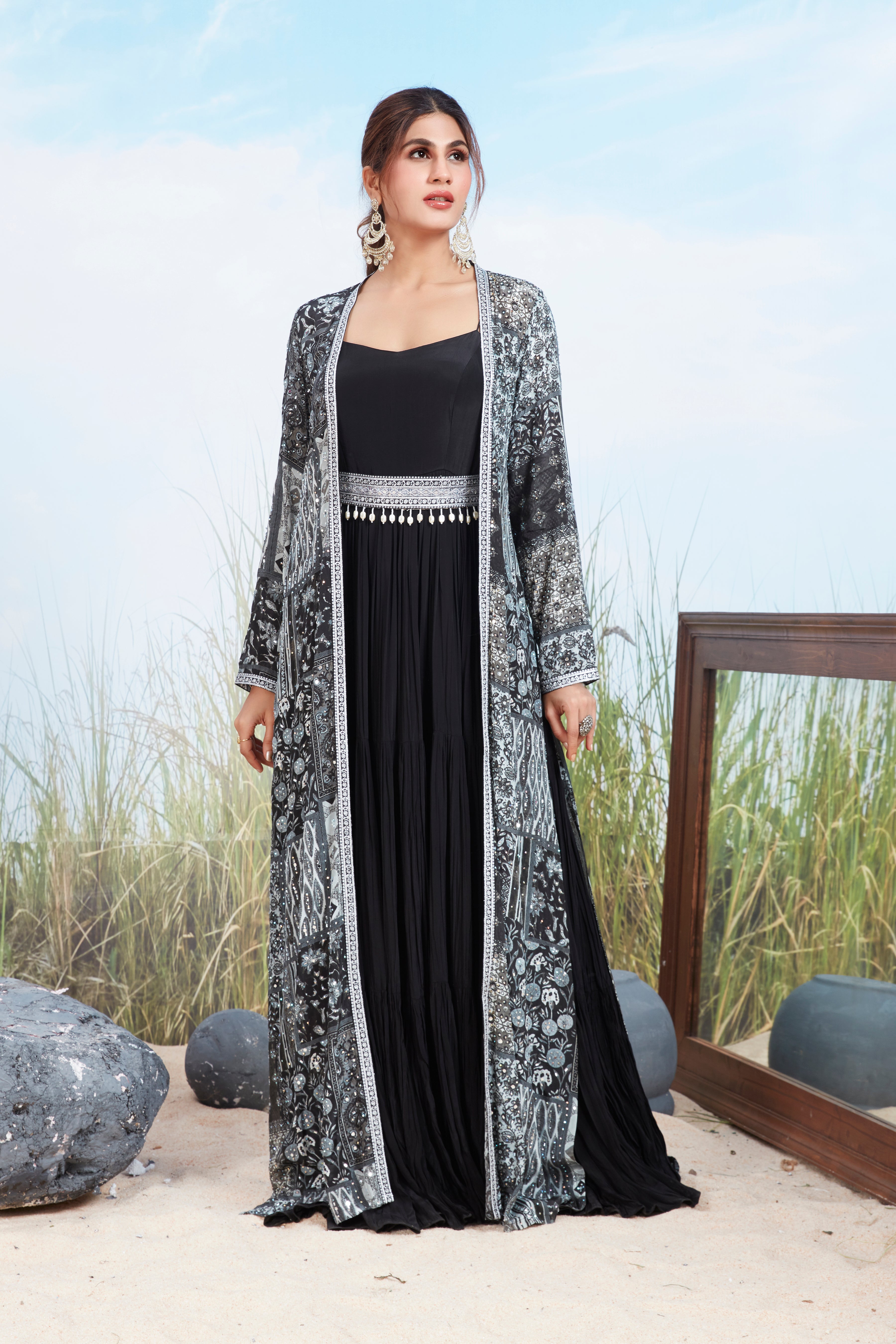 Coal Black Printed Georgette Silk Gown Set
