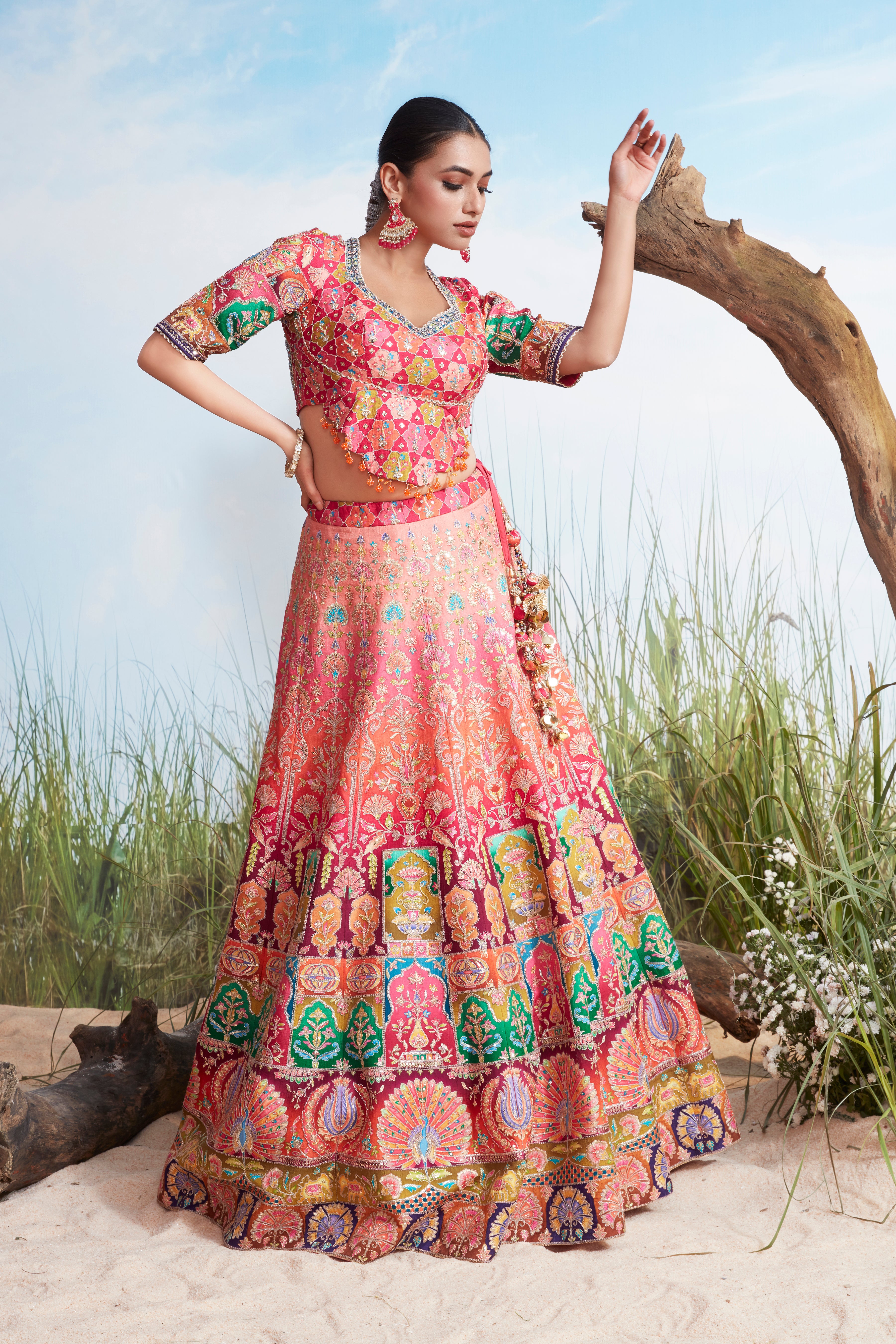 Coral Pink Printed Premium Silk Lehenga Set