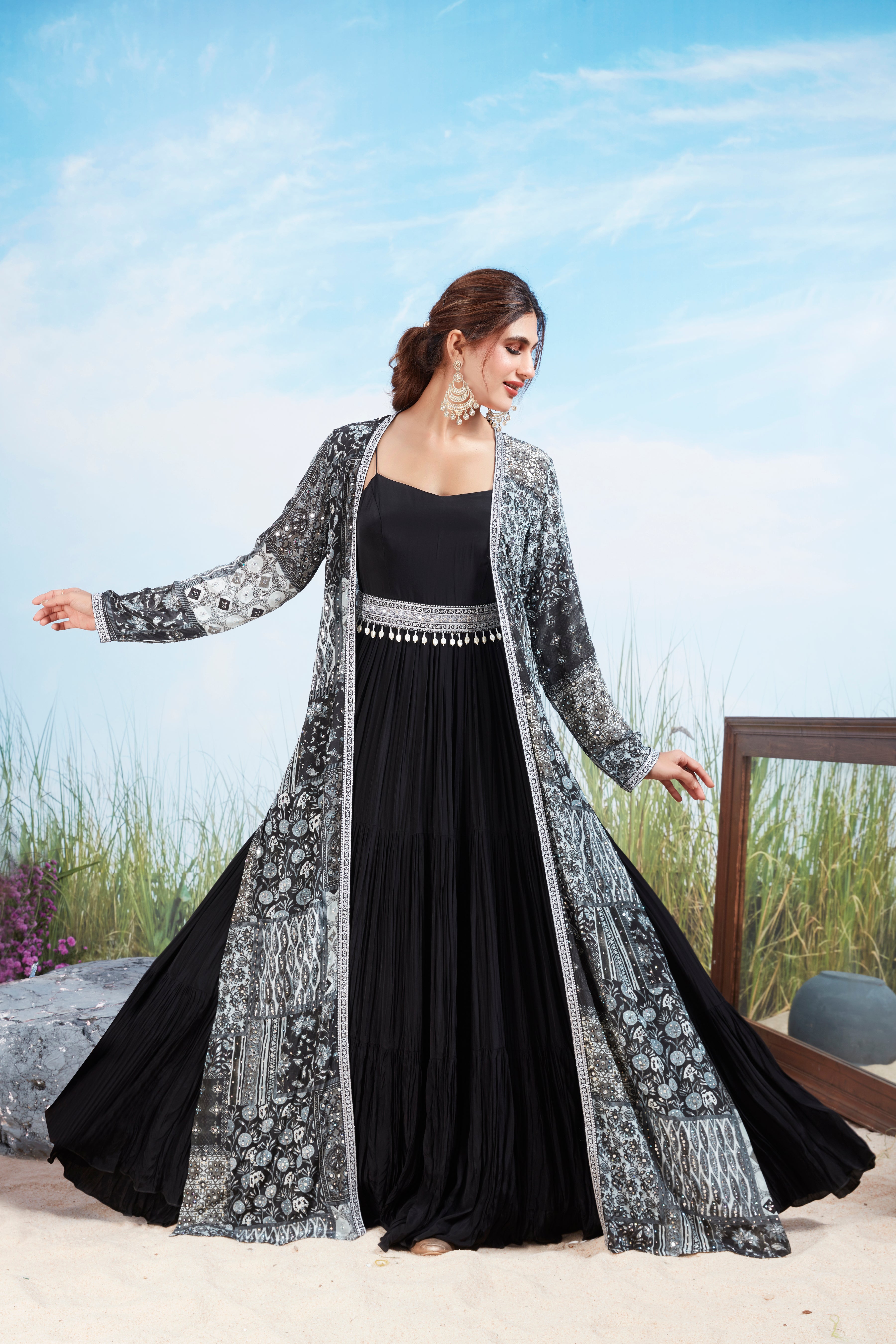 Coal Black Printed Georgette Silk Gown Set
