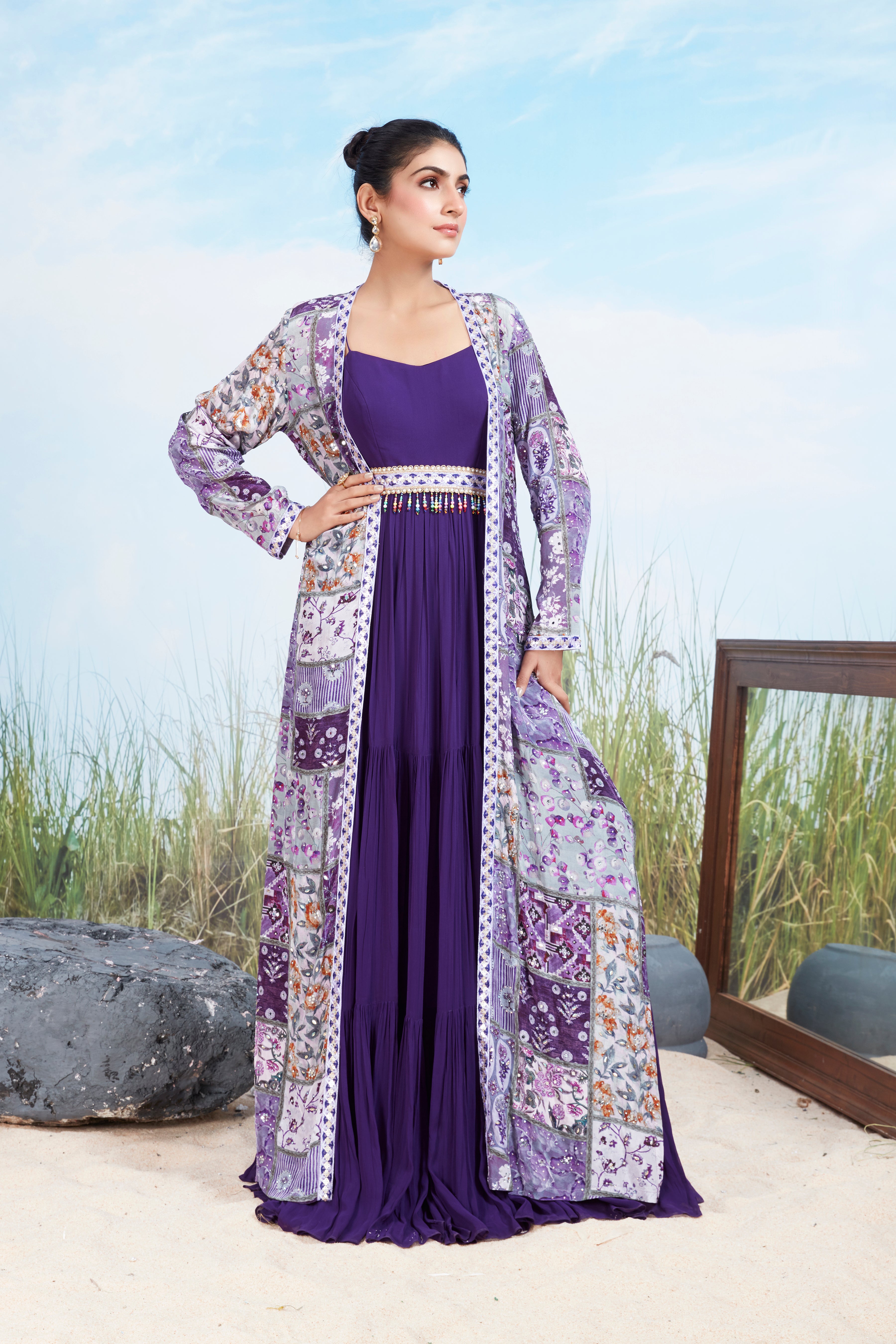 Plum Purple Printed Georgette Silk Gown Set
