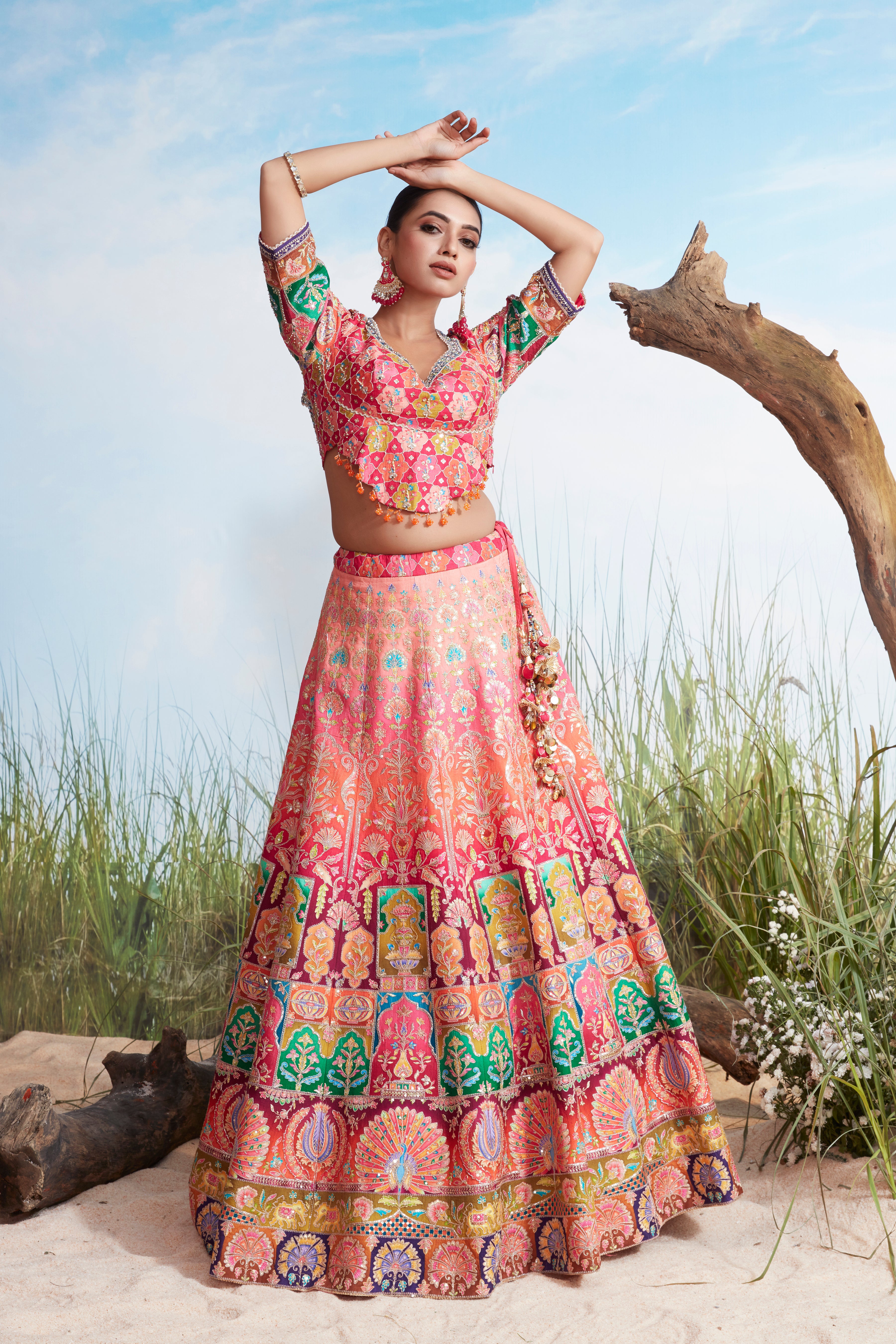 Coral Pink Printed Premium Silk Lehenga Set