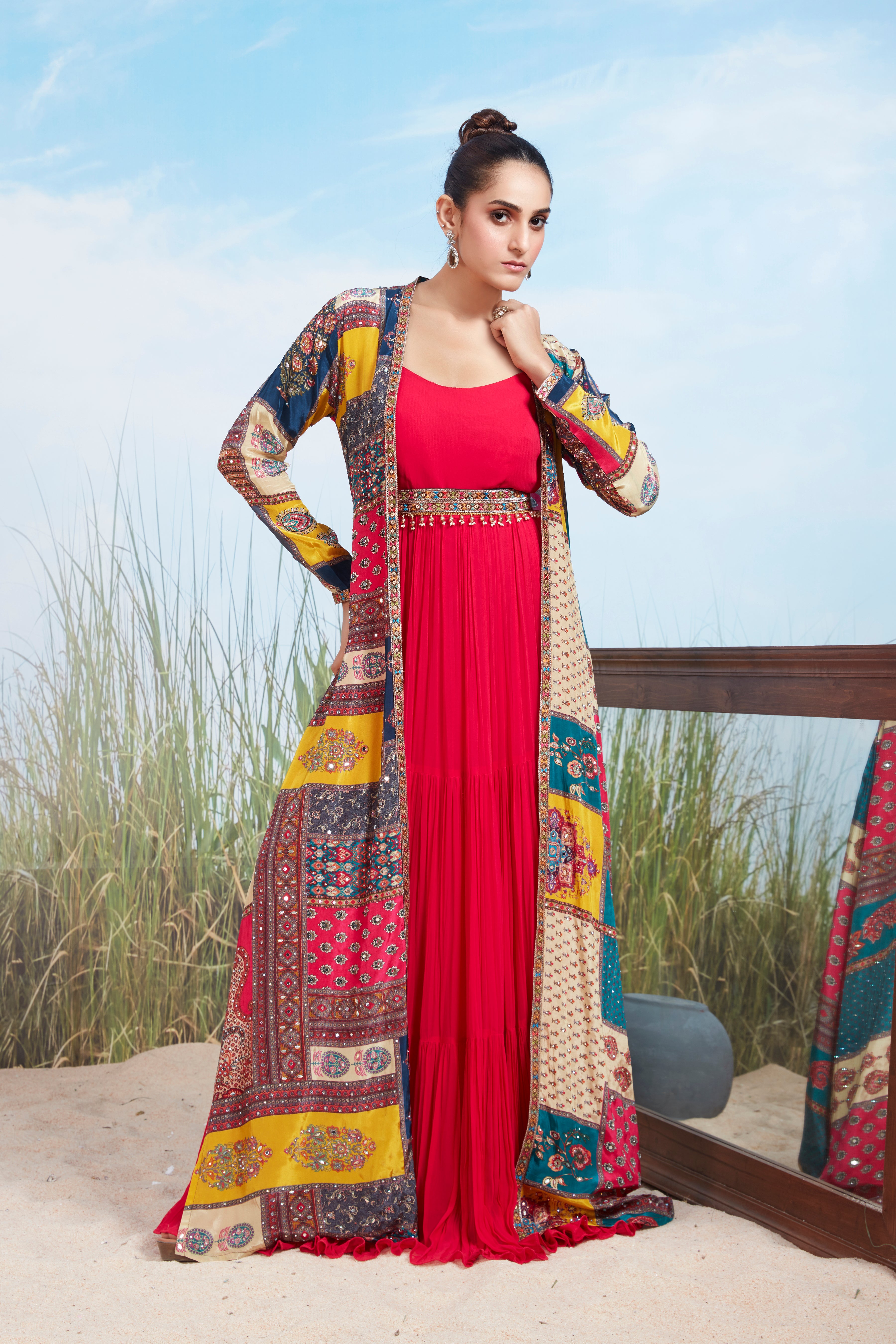 Crimson Red Printed Georgette Silk Gown Set