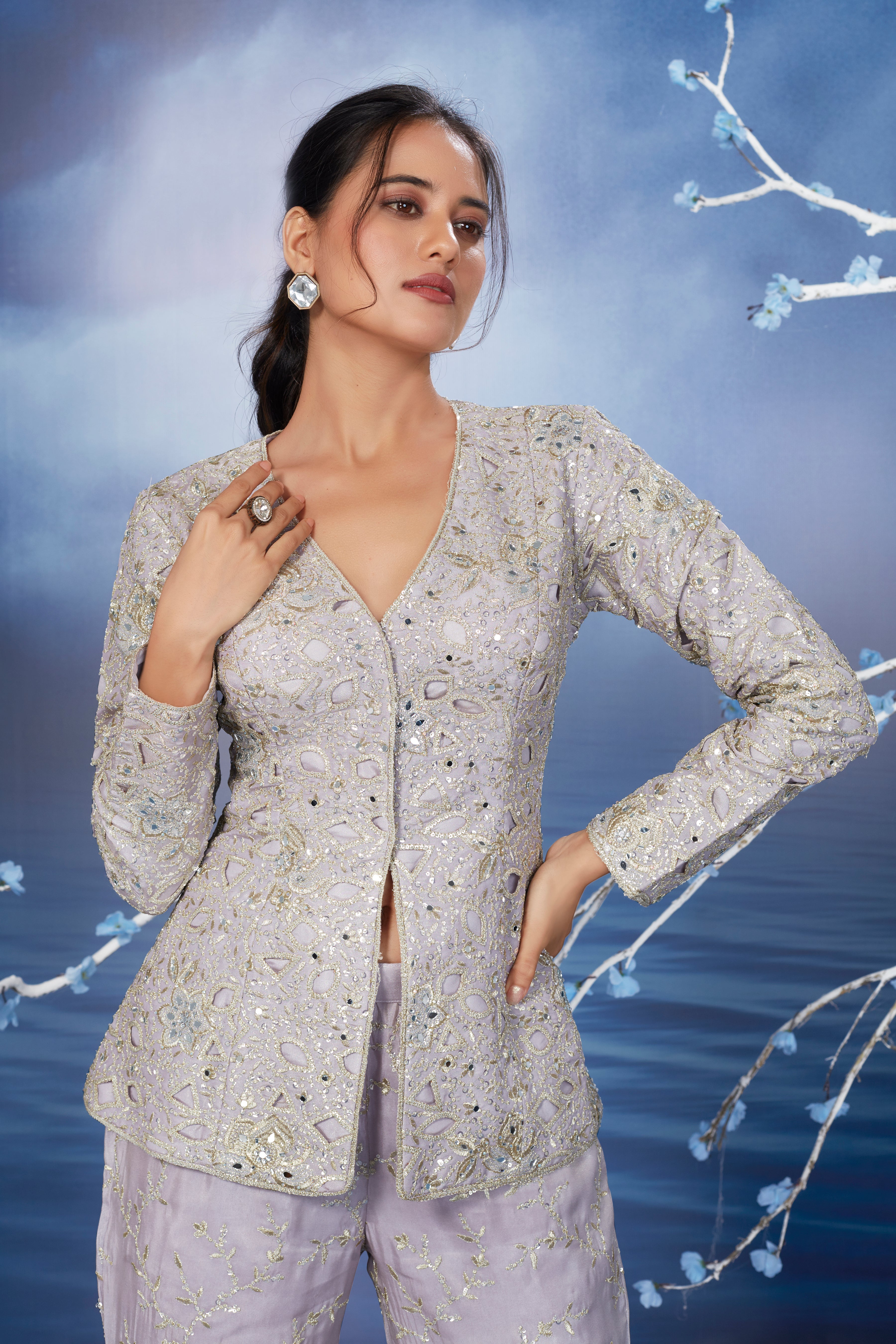 Dusky Silver Embellished Premium Silk Palazzo Set