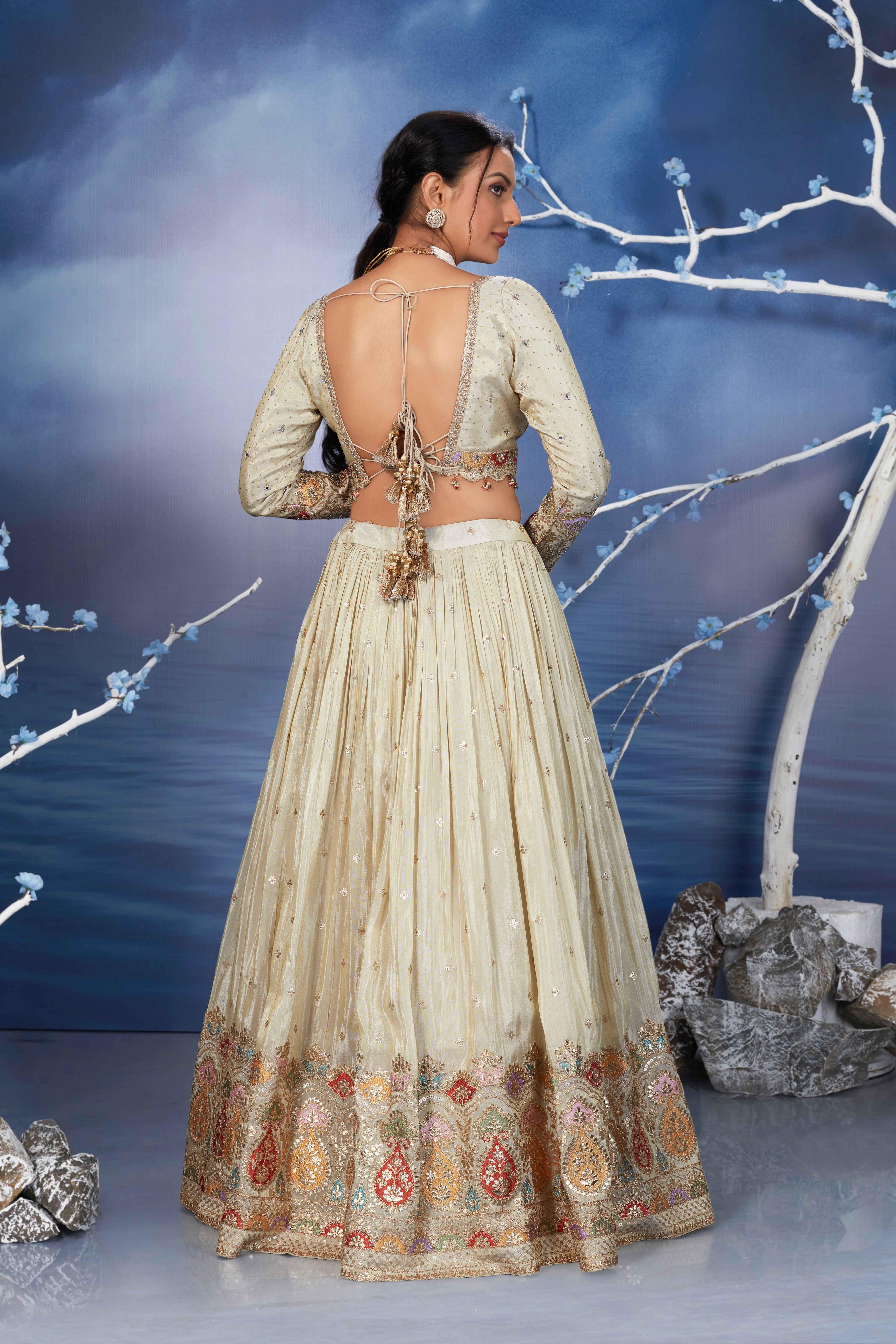 Golden Cream Embellished German Silk Skirt Set