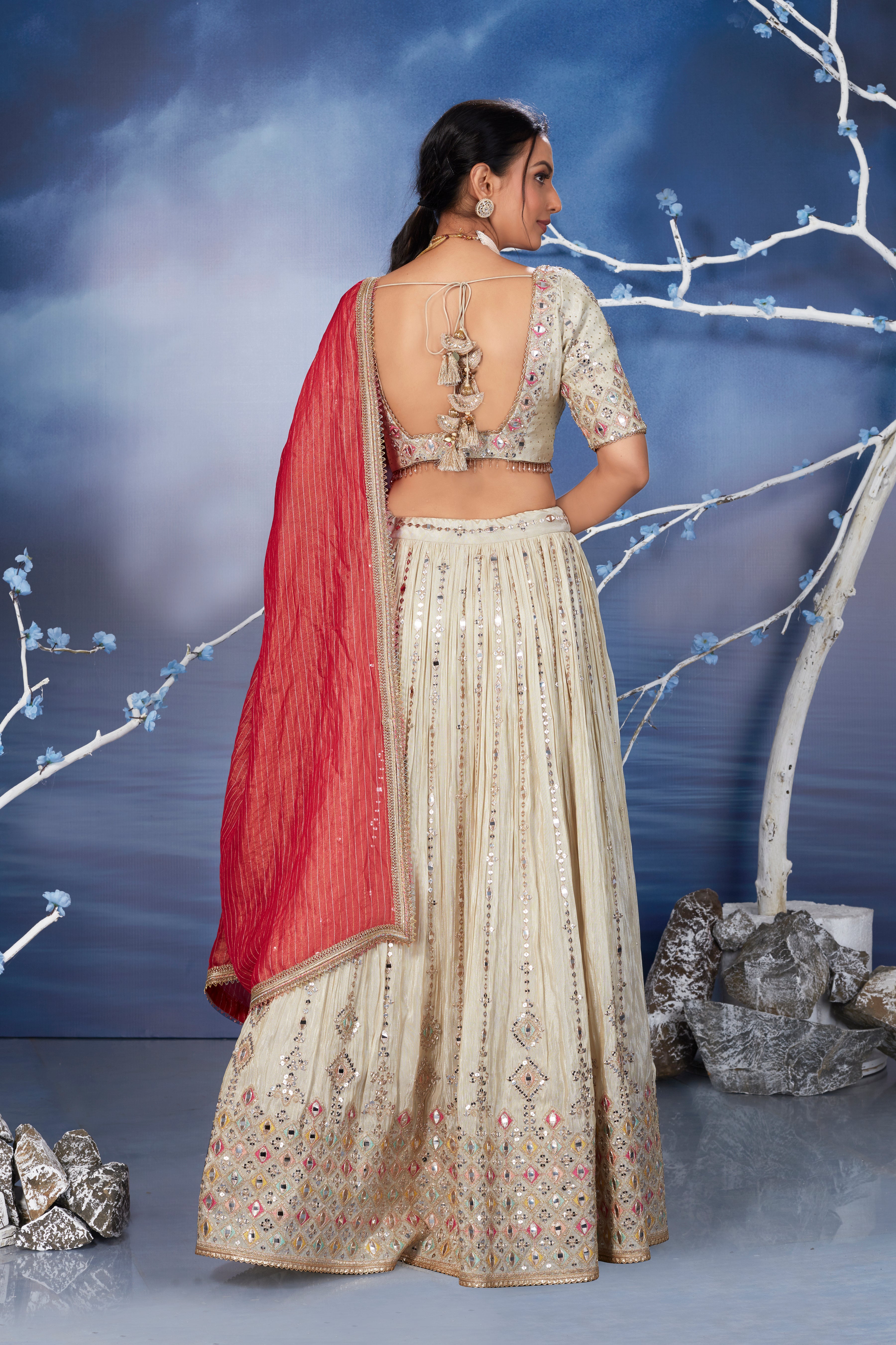 Light Beige Mirror Embellished Belgium Silk Lehenga Set