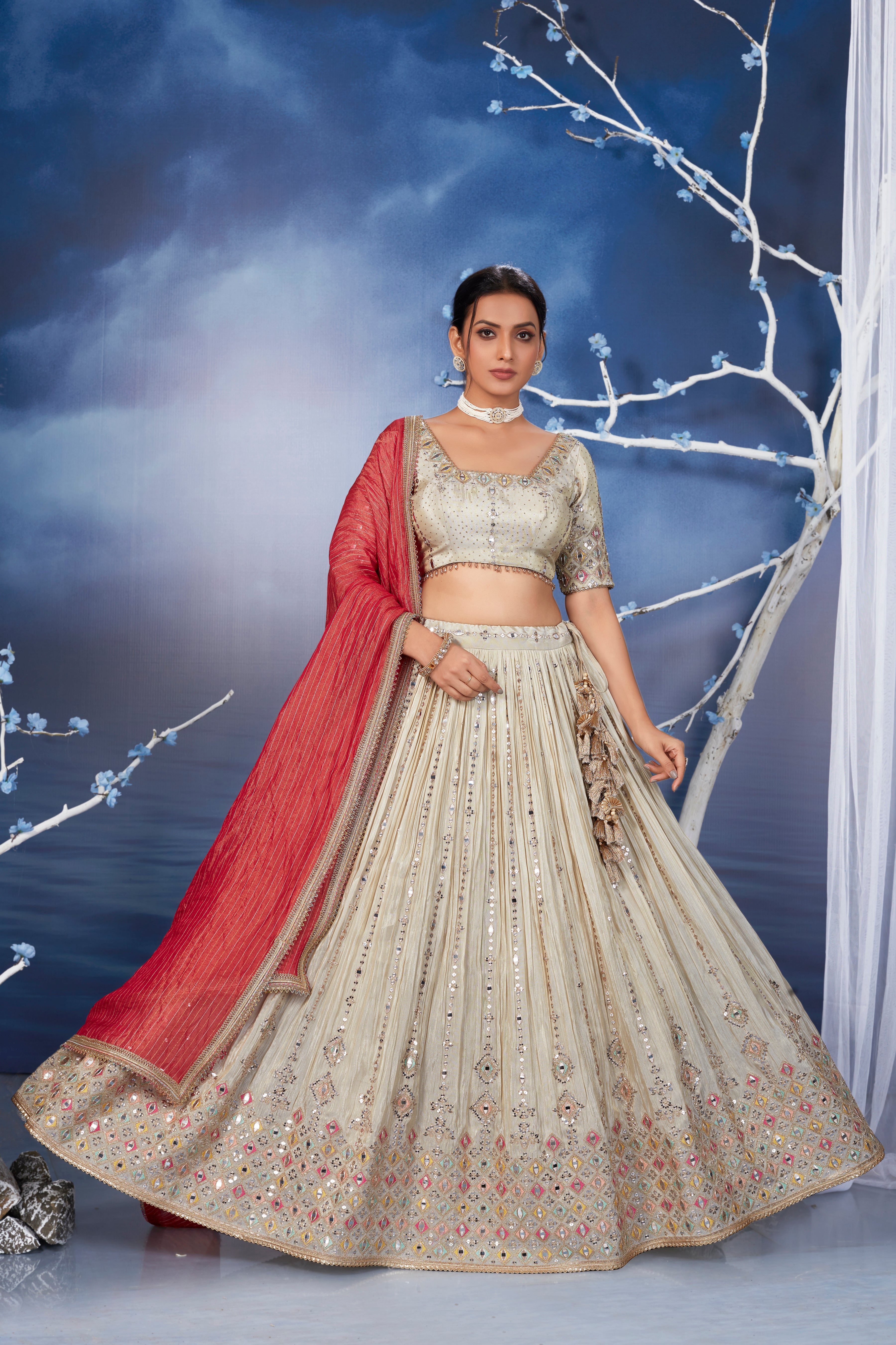 Light Beige Mirror Embellished Belgium Silk Lehenga Set