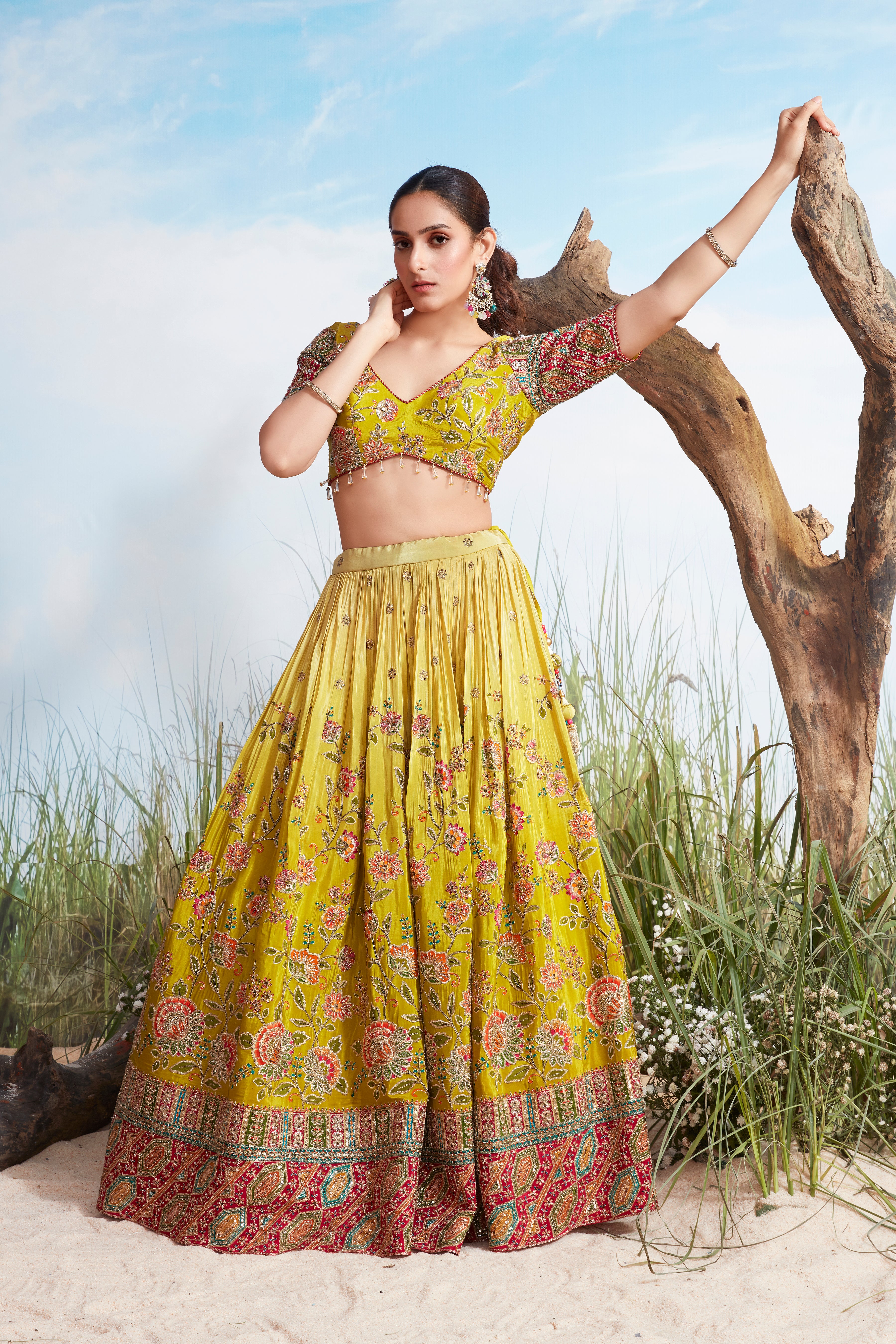 Zesty Lime Floral Premium Silk Lehenga Set