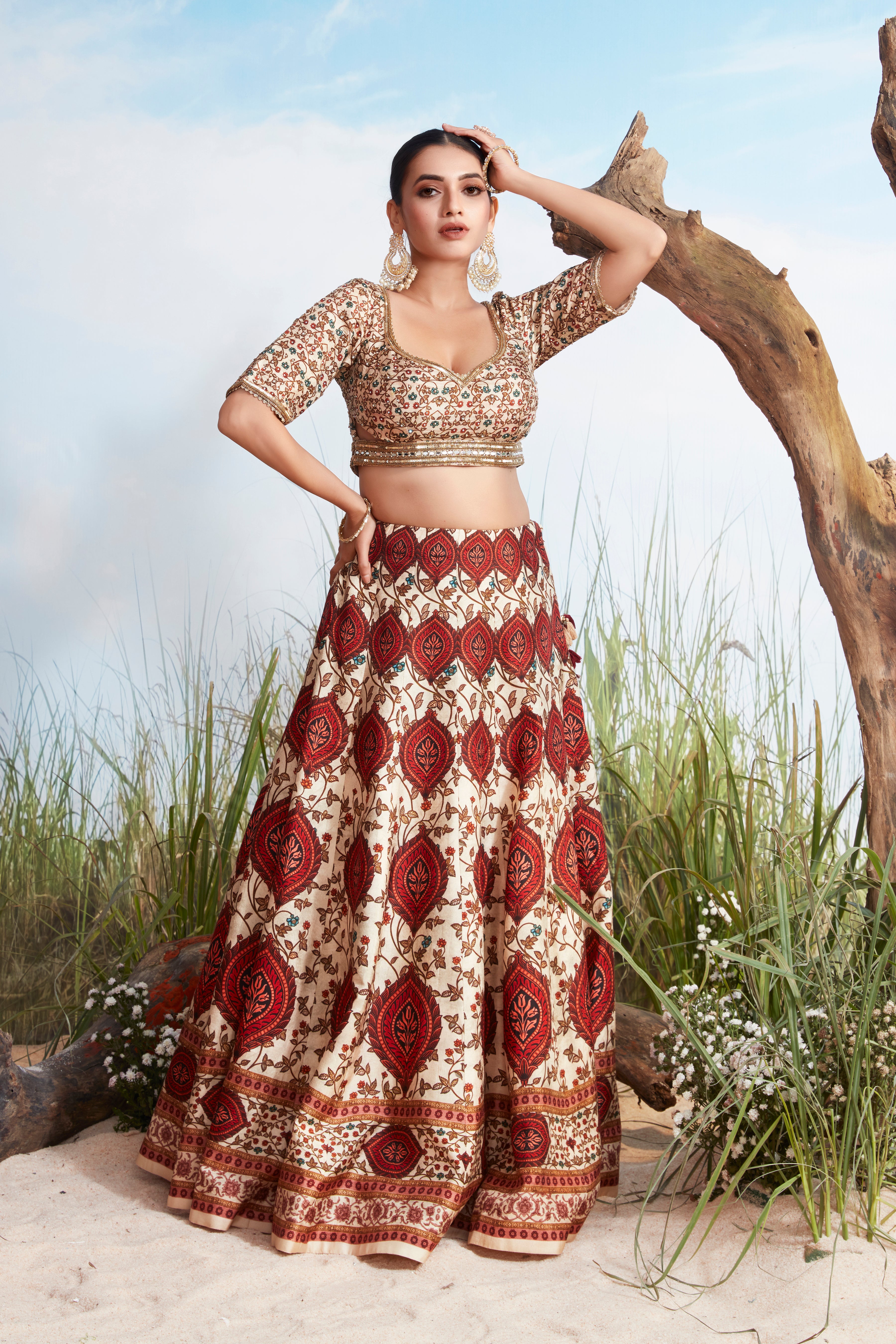 Ivory and Rust Printed Premium Silk Lehenga Set