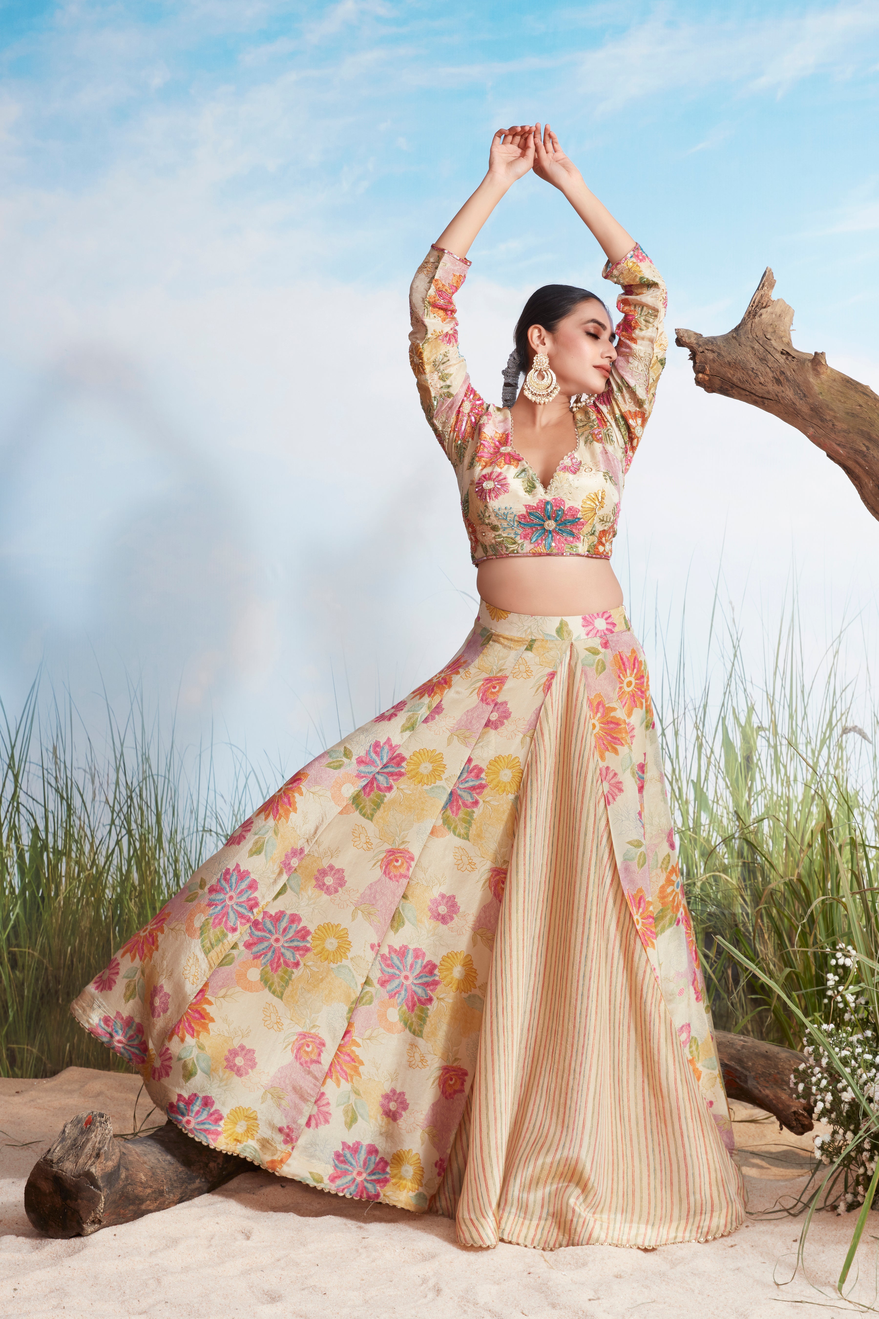 Ivory Floral Printed Chinon Silk Lehenga Set