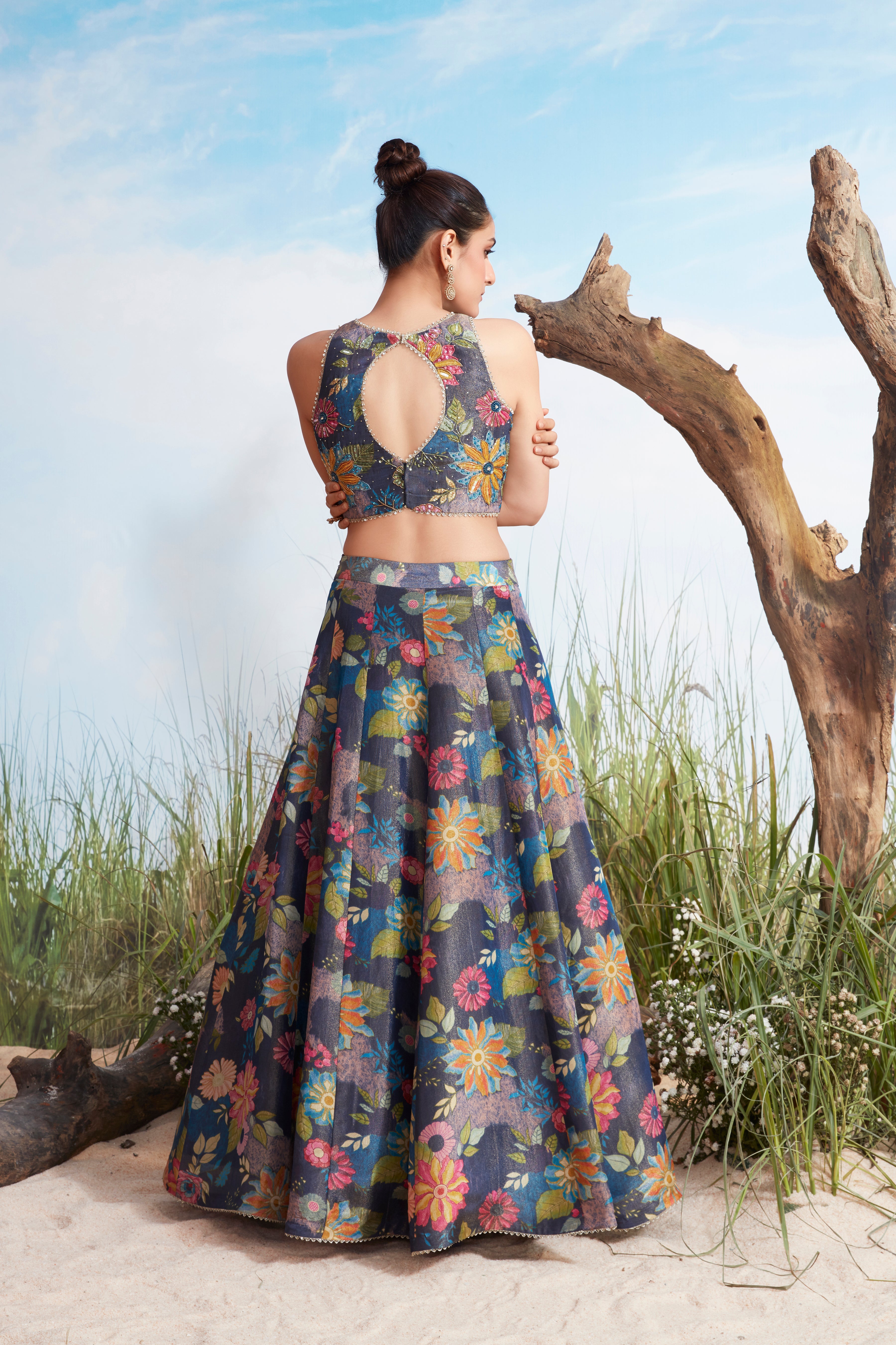 Royal Blue Embellished Shimmer Tissue Silk Lehenga Set