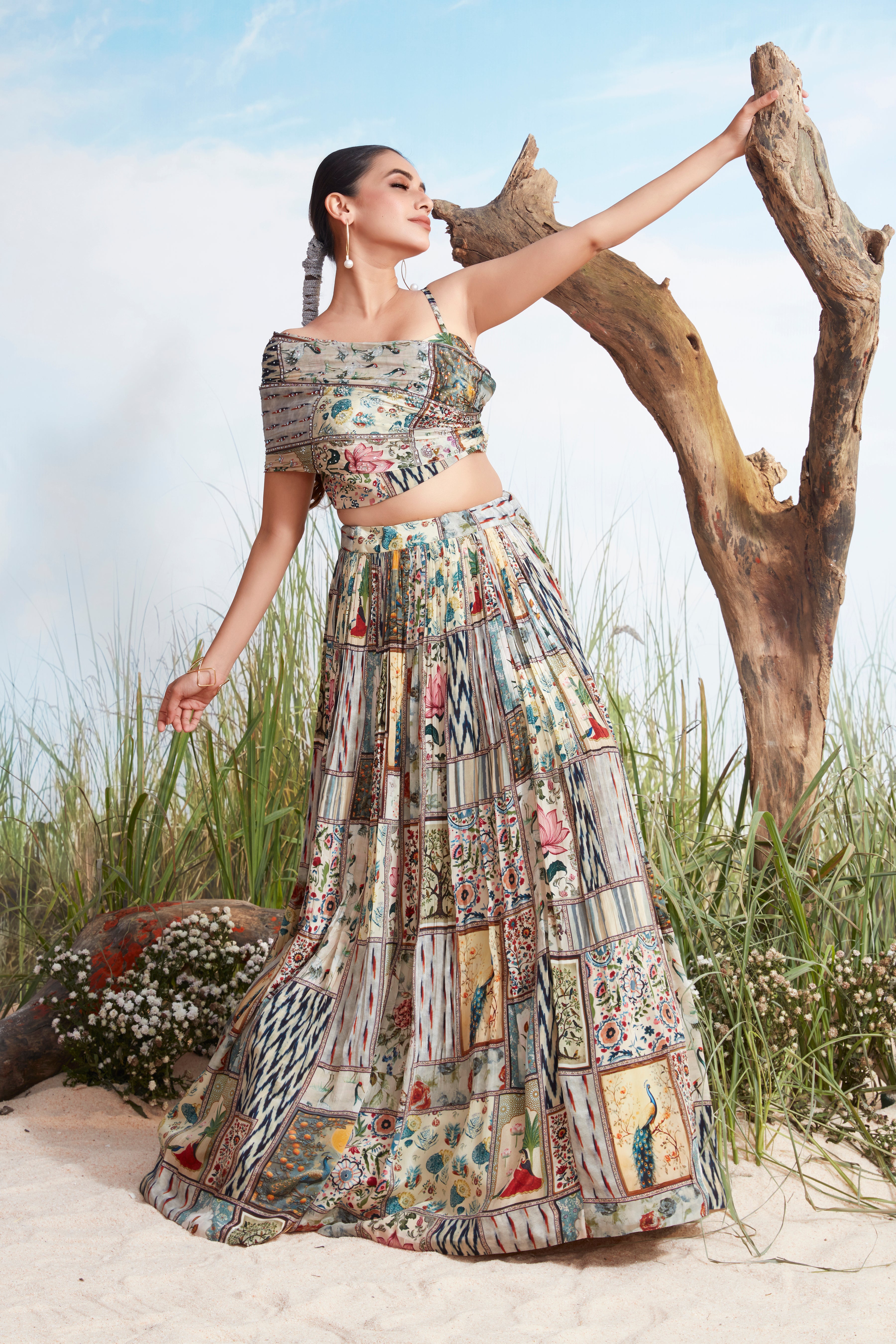 Pearl White Printed Muslin Silk Lehenga Set