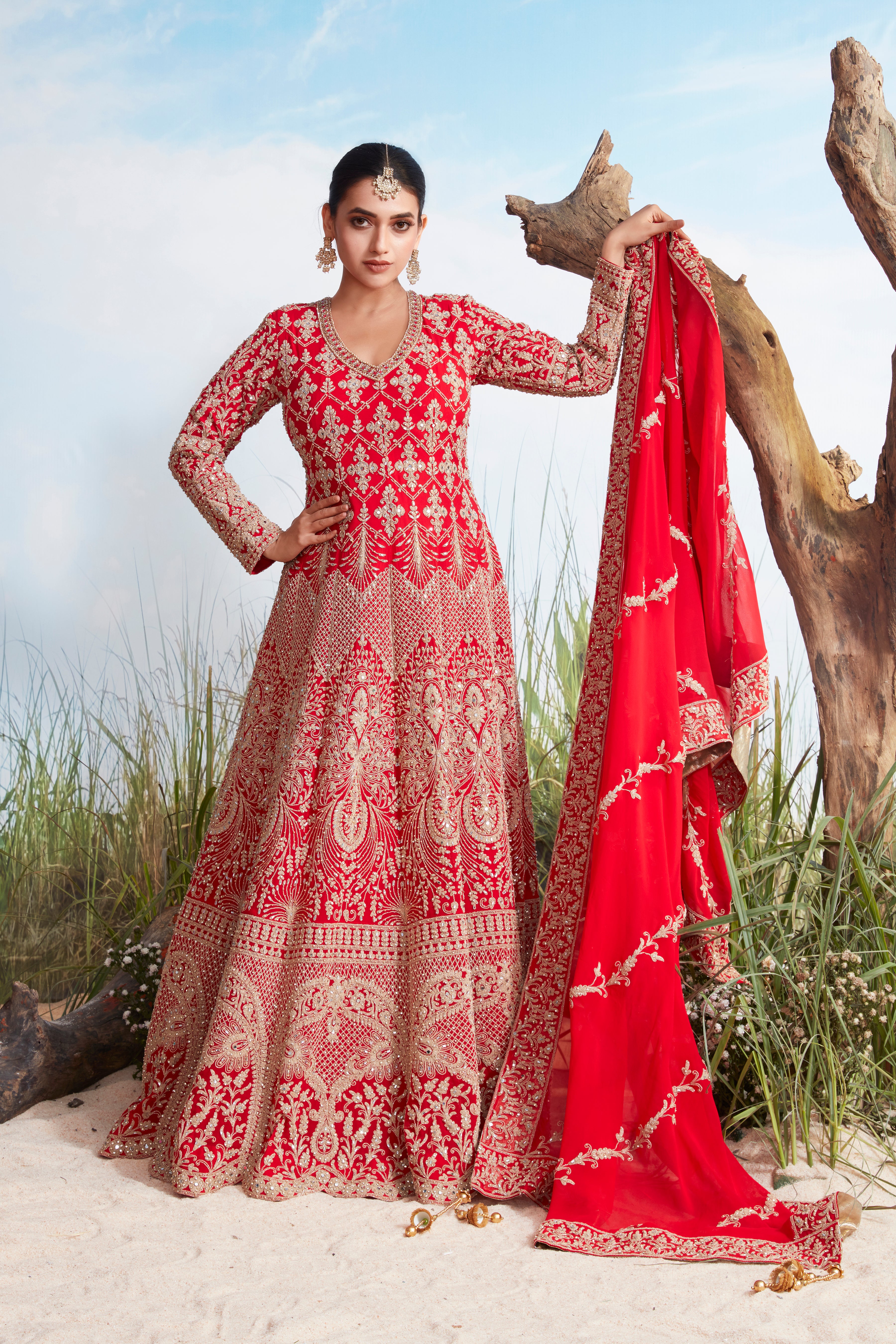 Ruby Red Embellished Georgette Silk Anarkali Set