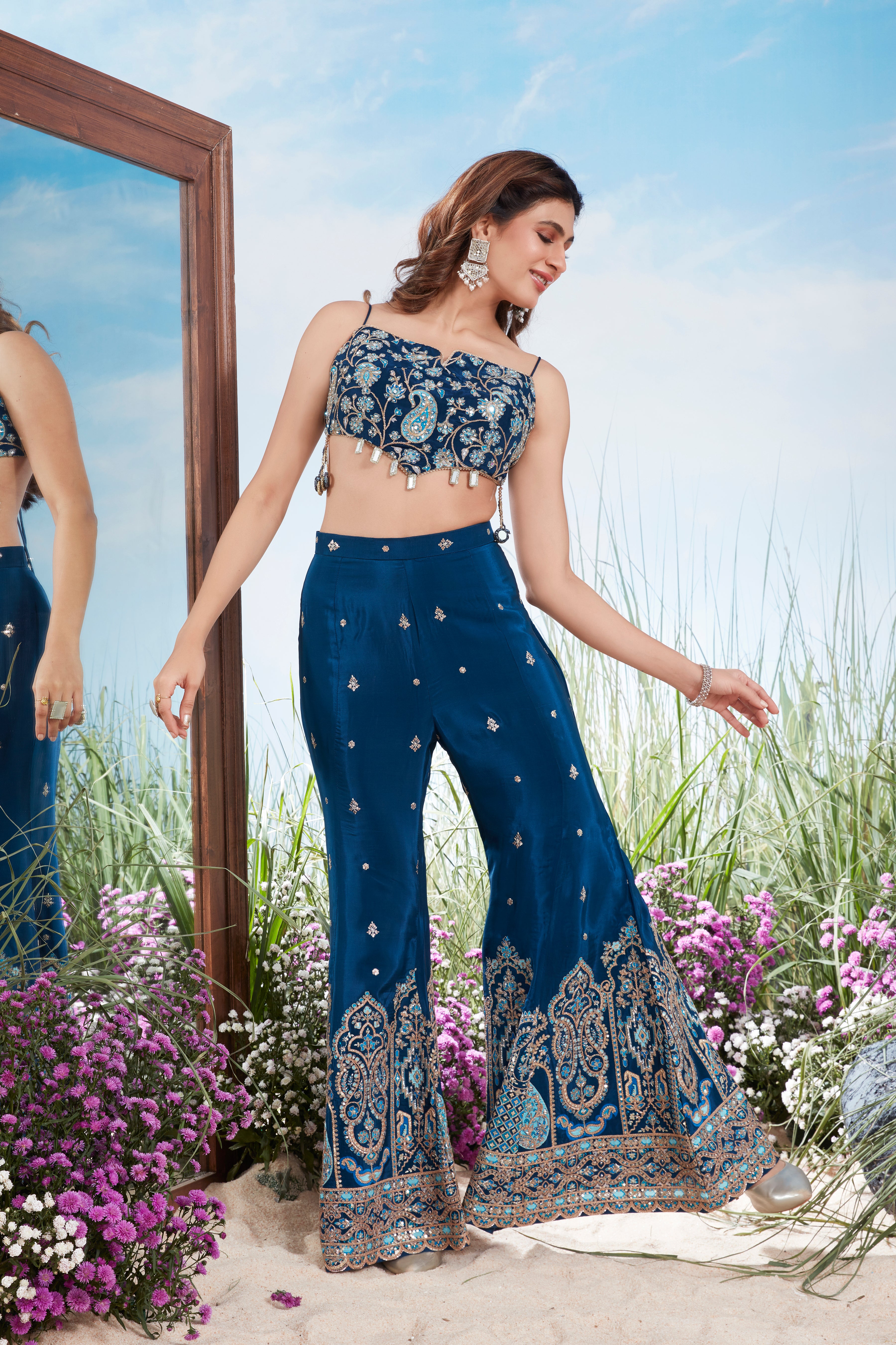 Sapphire Embellished Muslin Silk Palazzo Set
