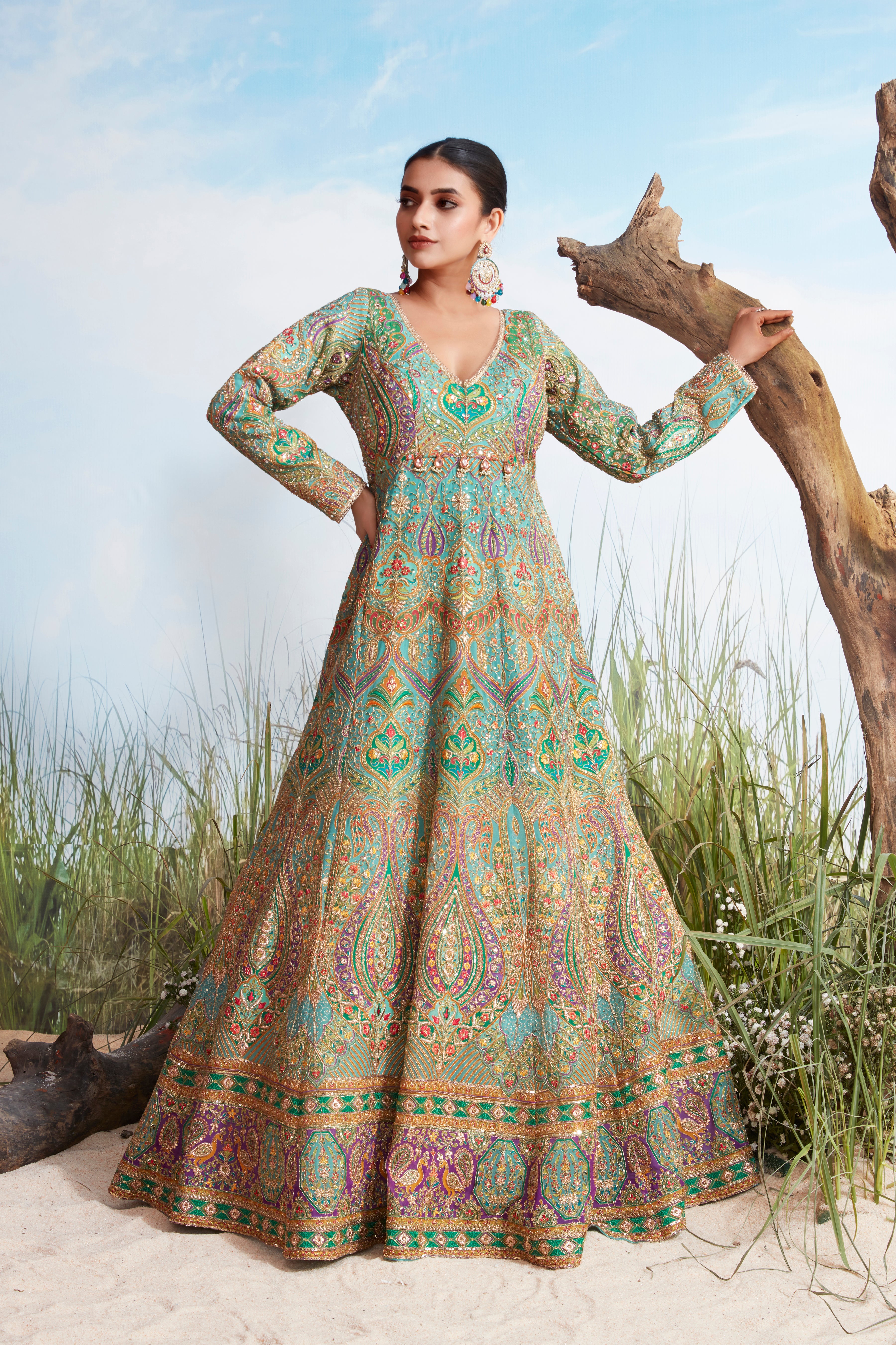 Multi-Color Embellished Chinon Silk Anarkali Gown