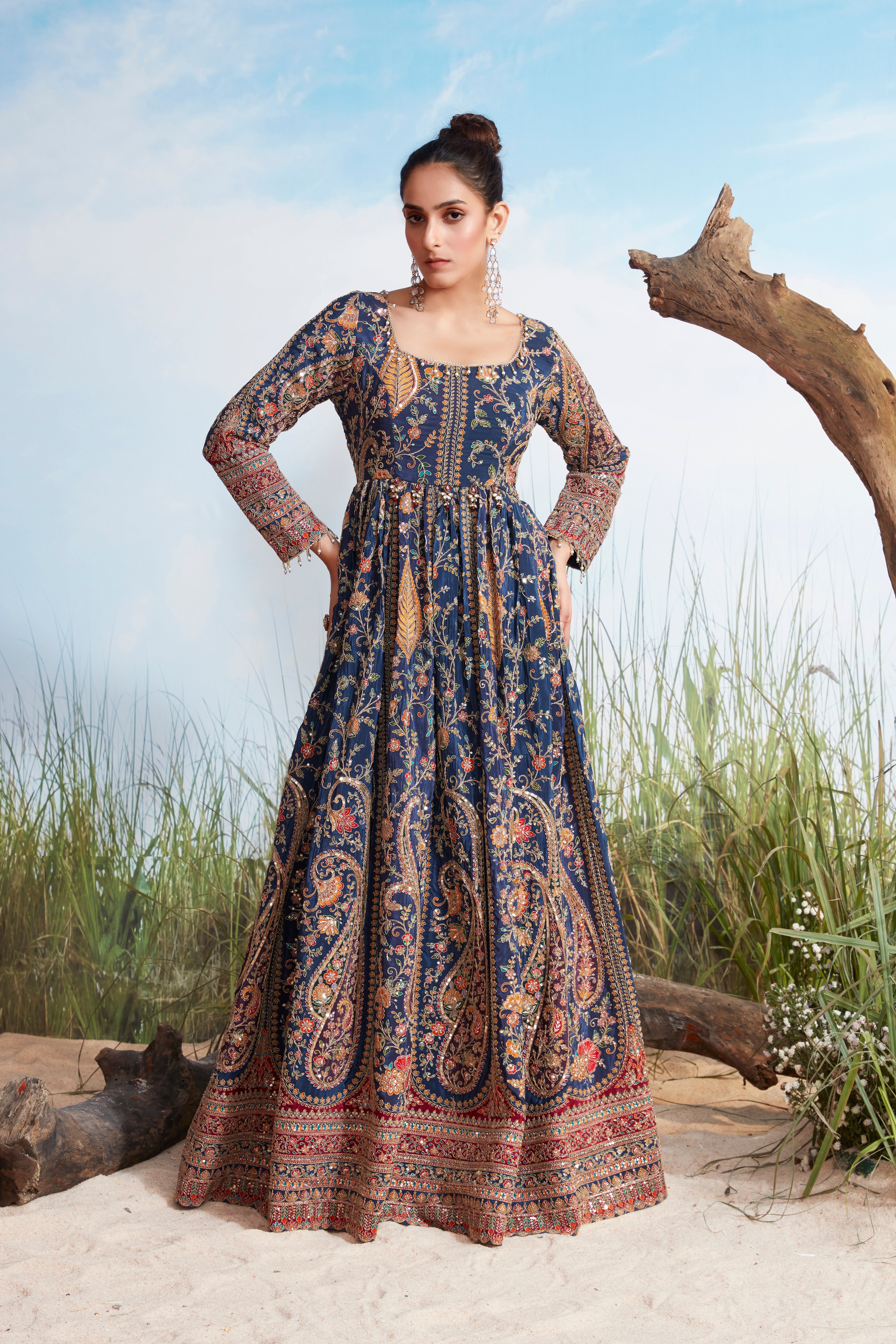 Royal Blue Embellished Chinon Silk Anarkali Gown