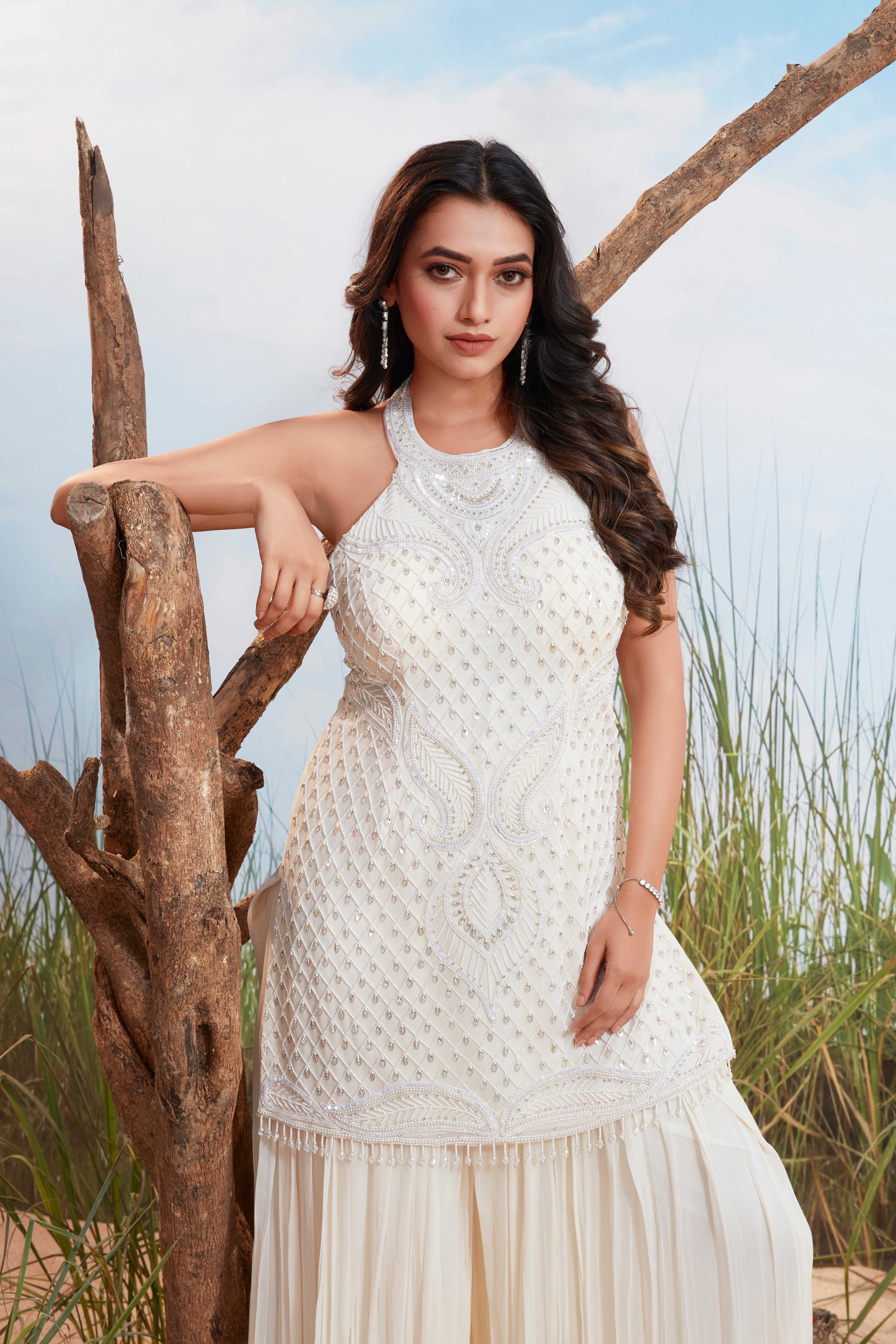 Pearl White Embellished Georgette Silk Palazzo Set