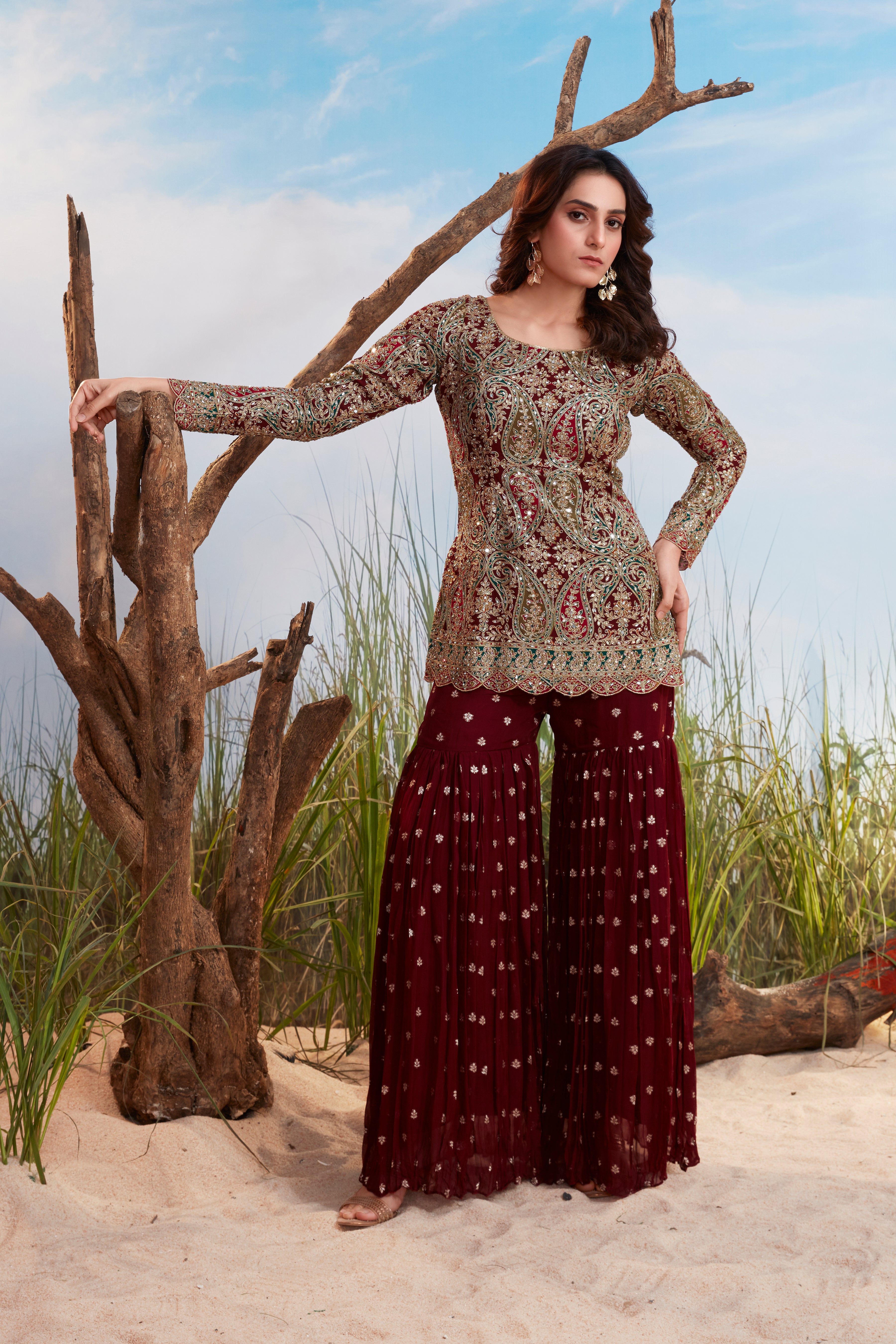 Deep Maroon Embellished Georgette Silk Sharara Set