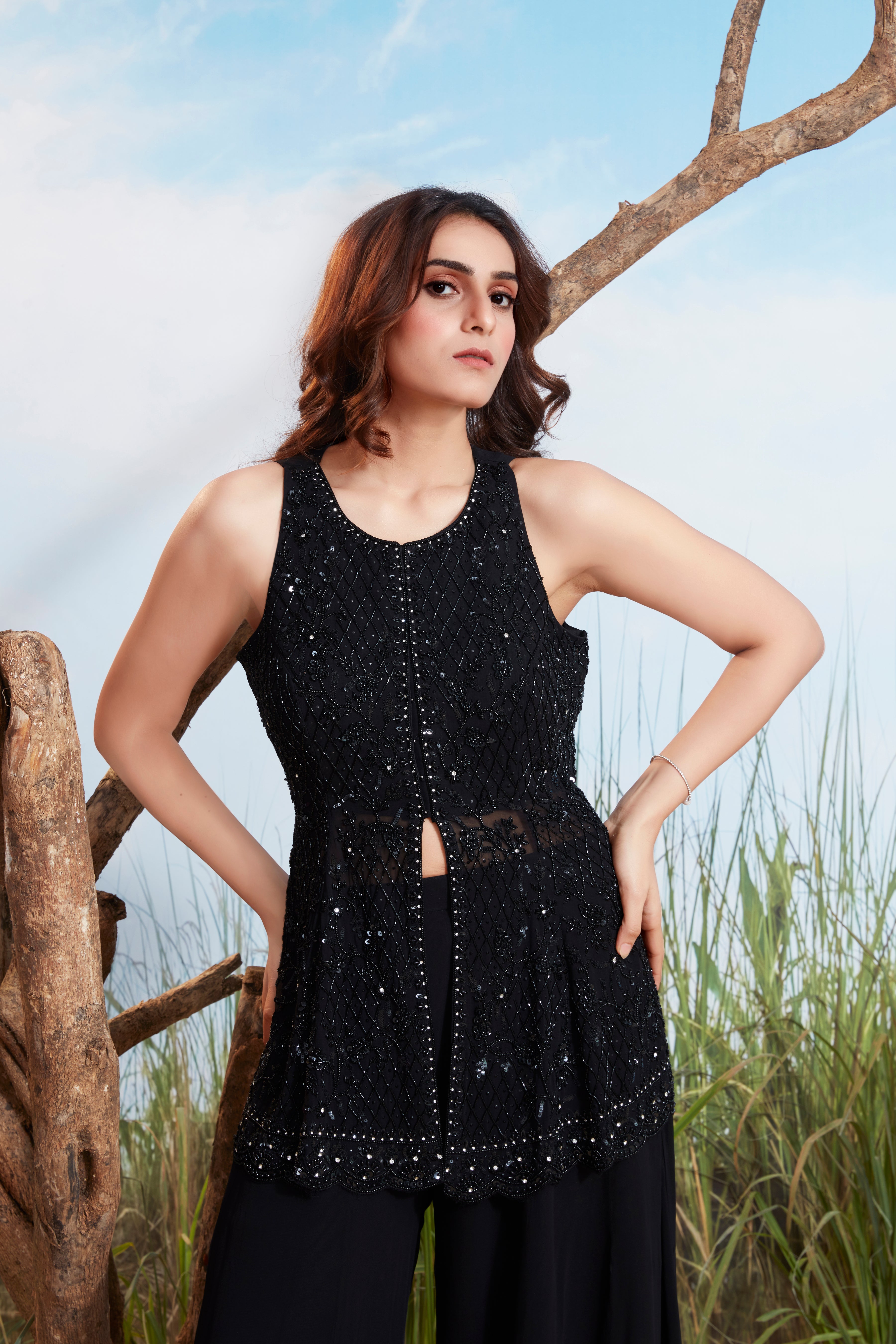 Chic Black Embellished Georgette Silk Palazzo Set