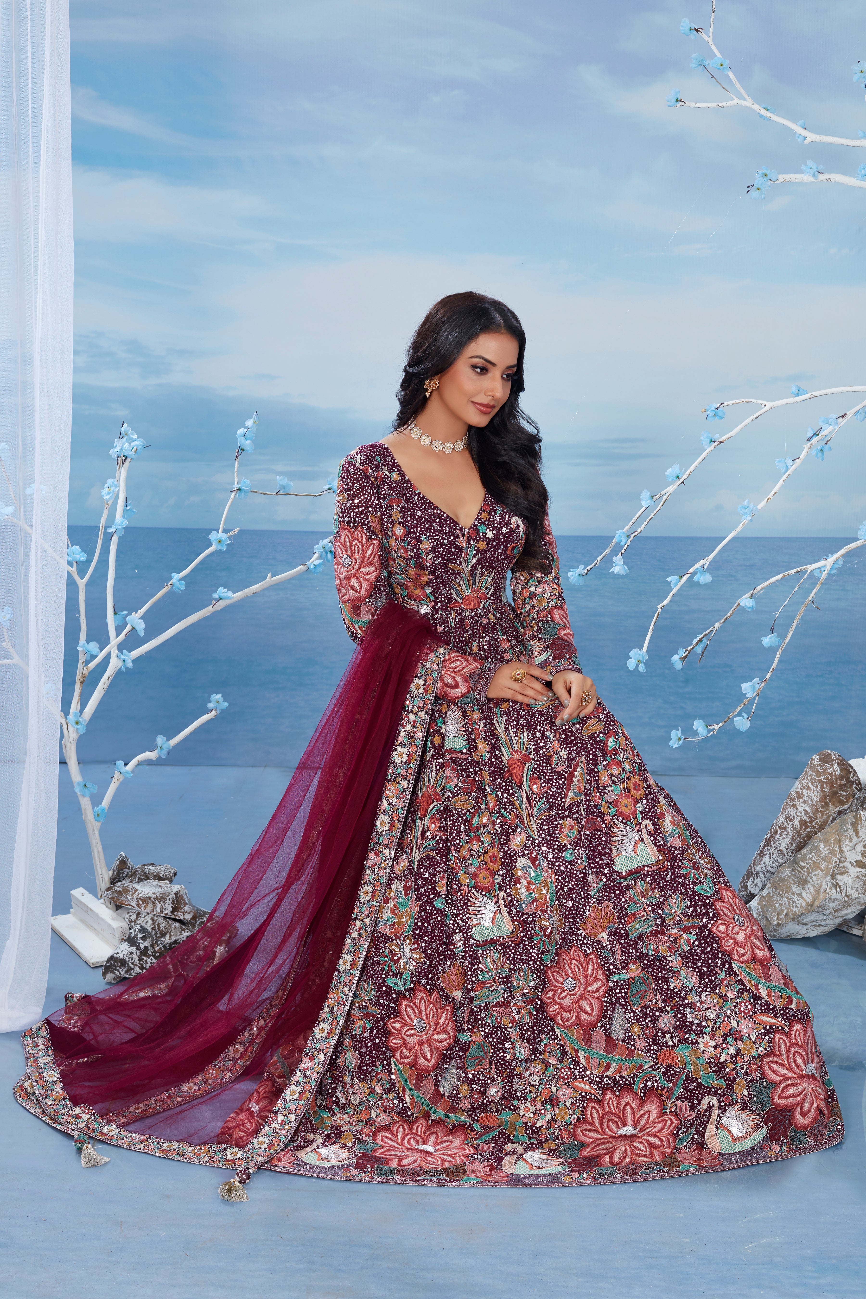 Burgundy Floral Embroidered Spanish Silk Gown