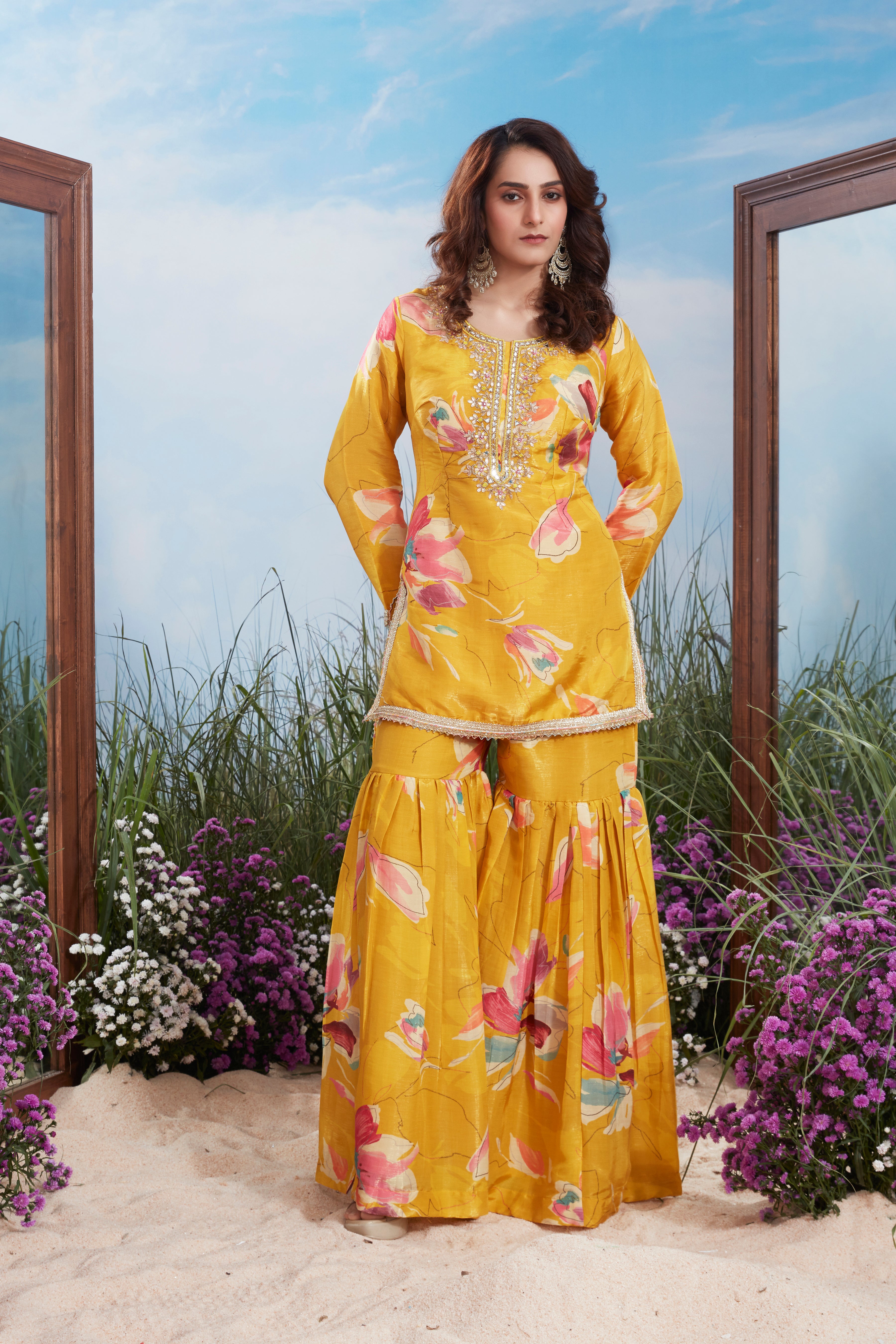 Golden Yellow Printed Shimmer Tissue Silk Sharara Set