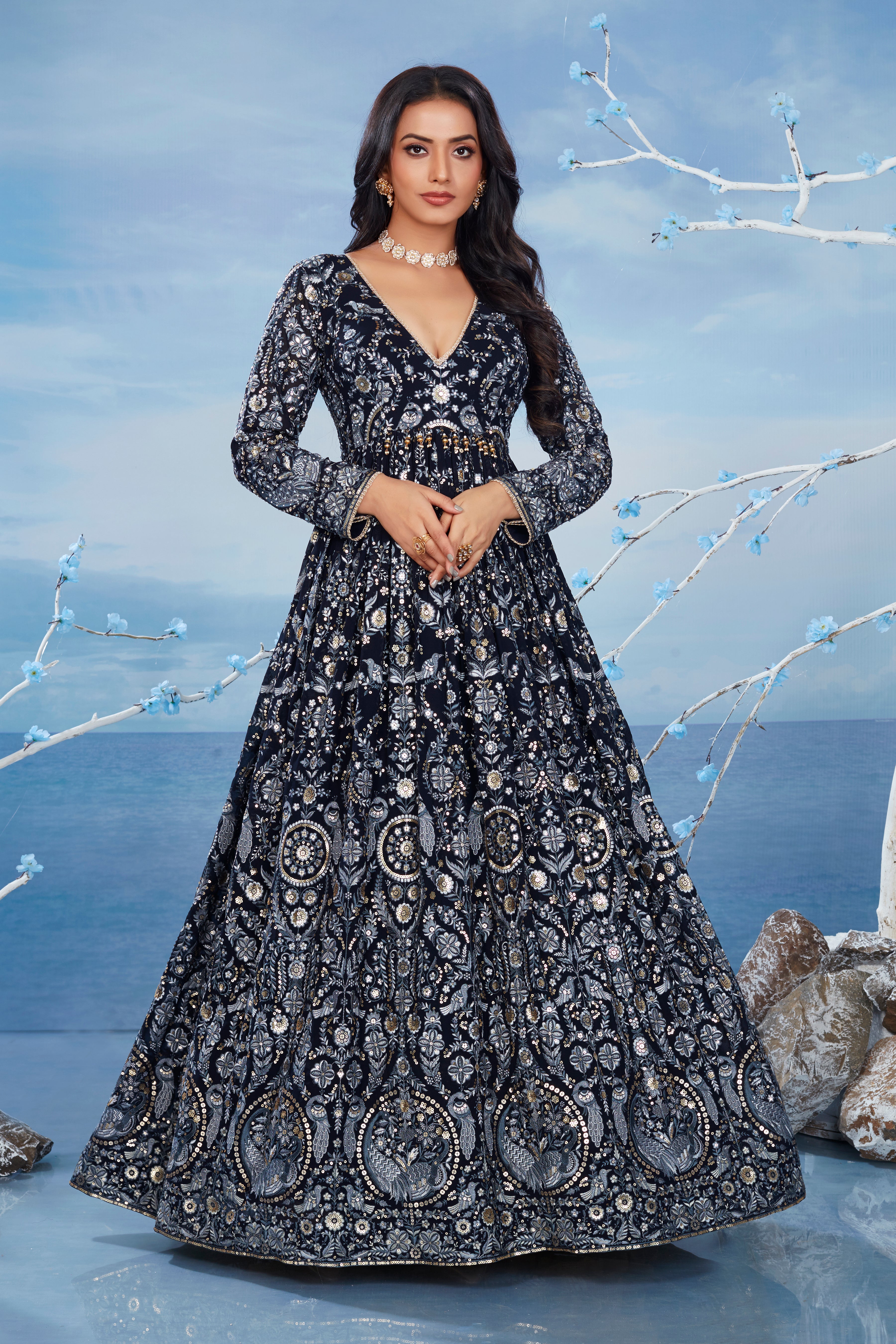 Royal Black Floral Embellished Premium Silk Gown