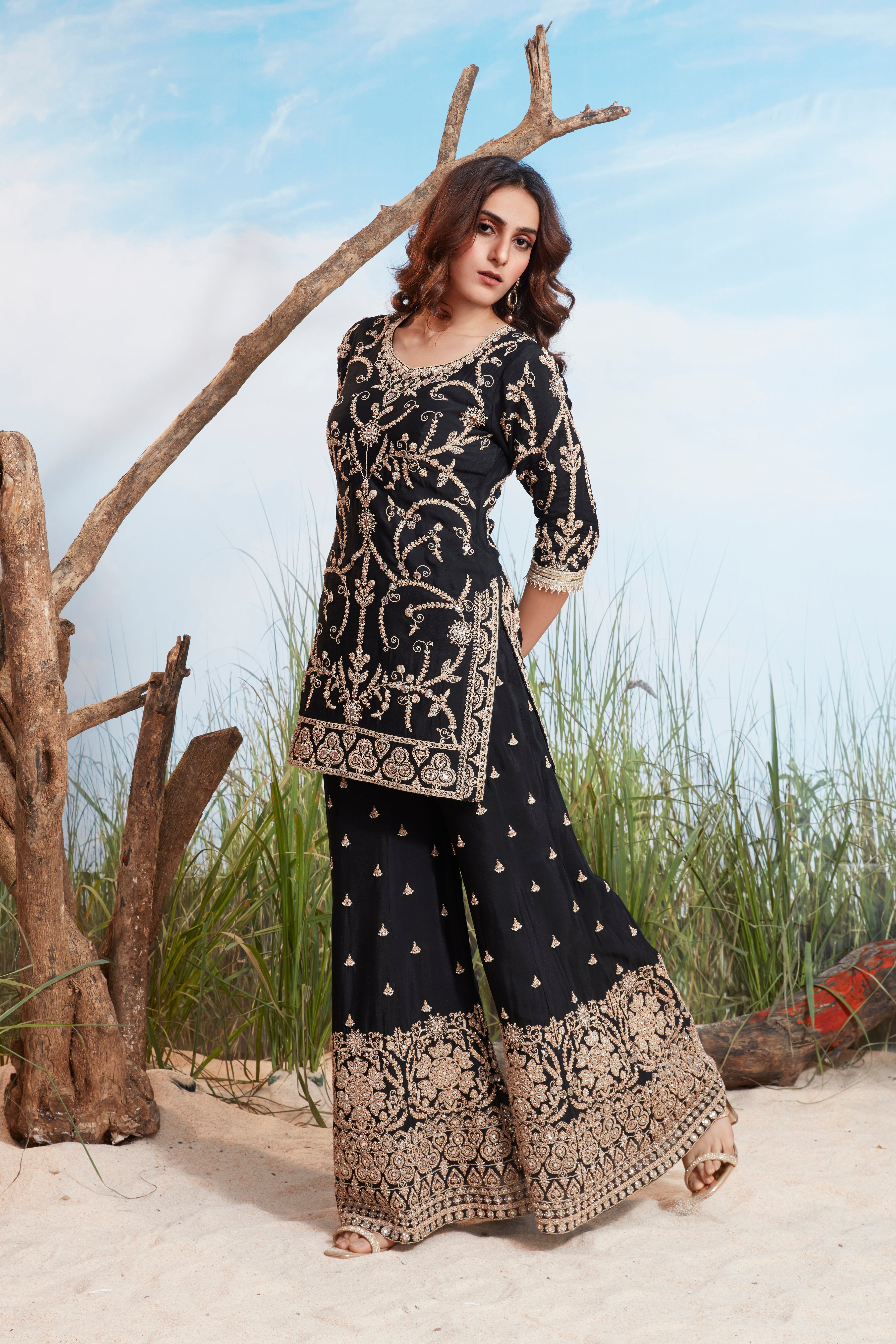 Classic Black Embellished Georgette Silk Sharara Set