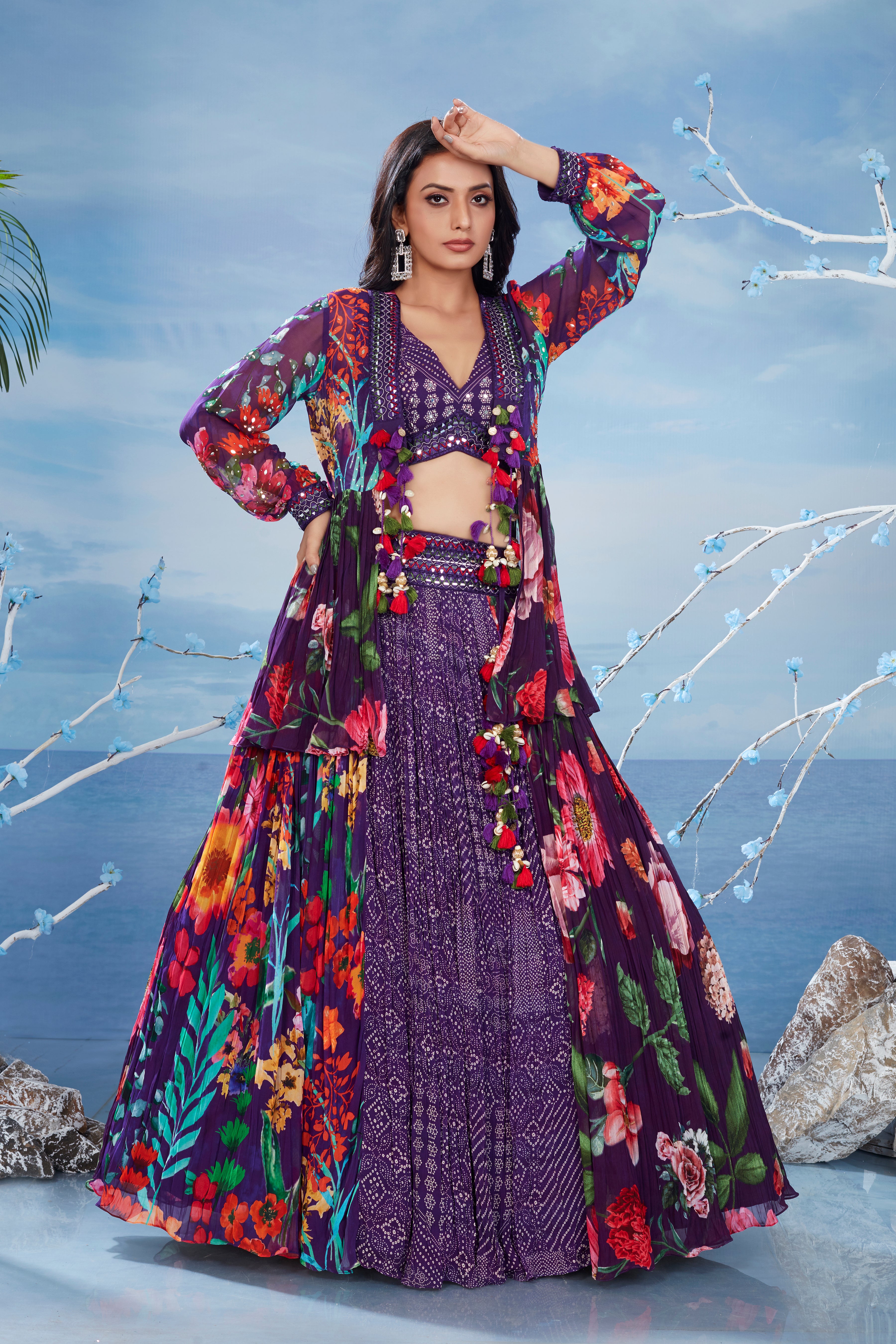 Purple Floral Printed Chinon Silk Cape Skirt Set