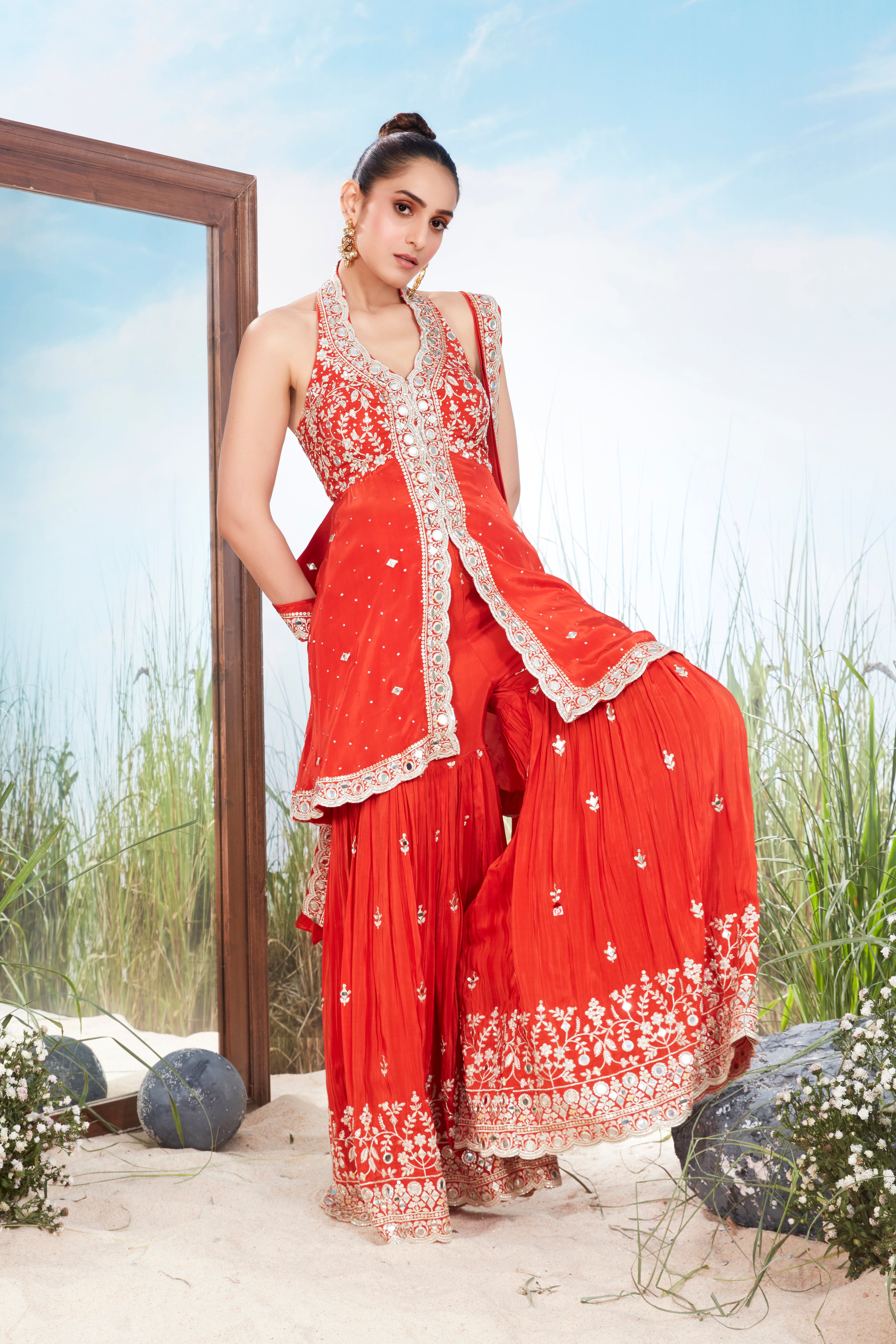 Bright Orange Red Embellished Crepe Silk Sharara Set