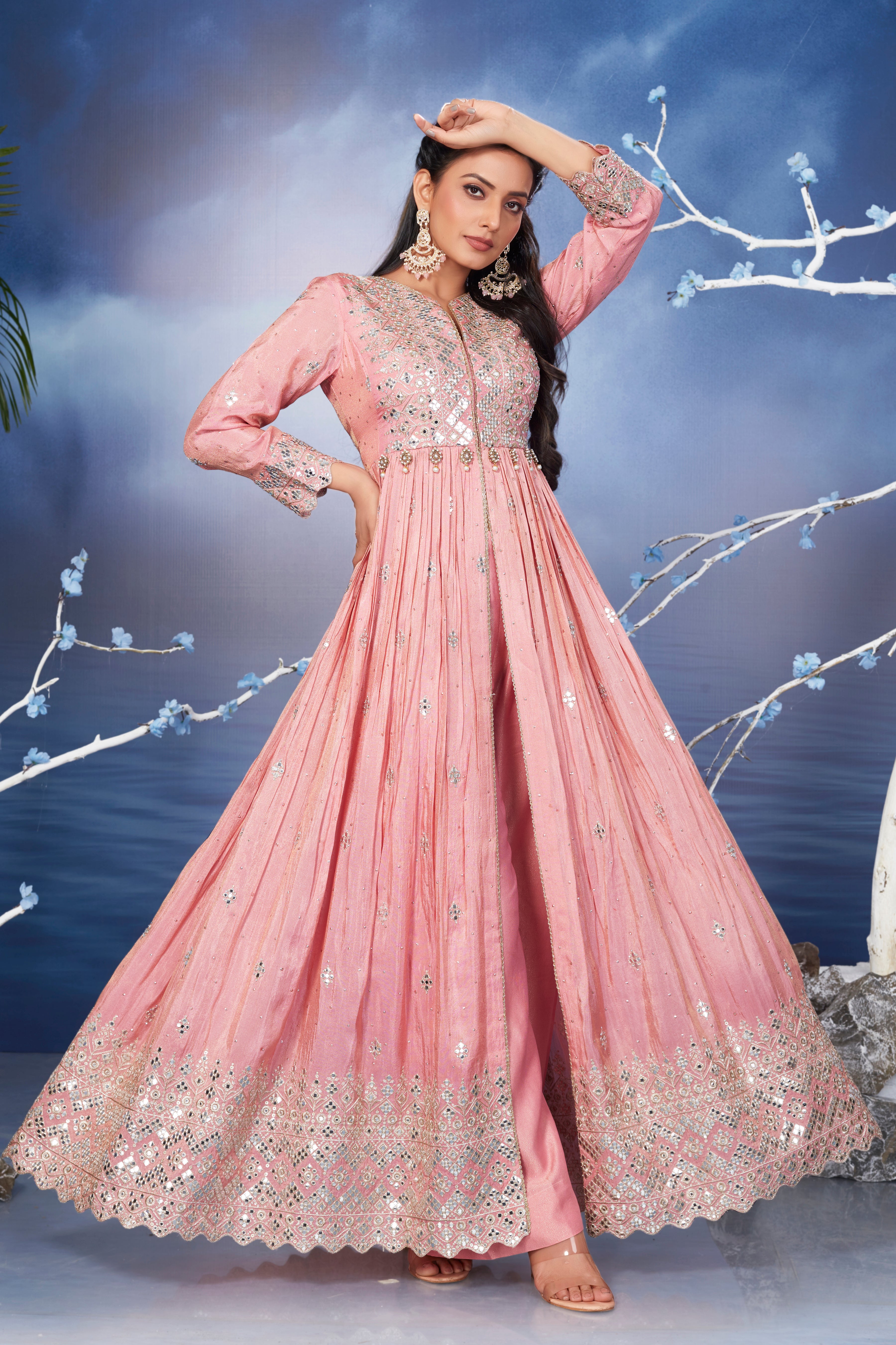 Pastel Pink Shimmer Premium Silk Anarkali Set